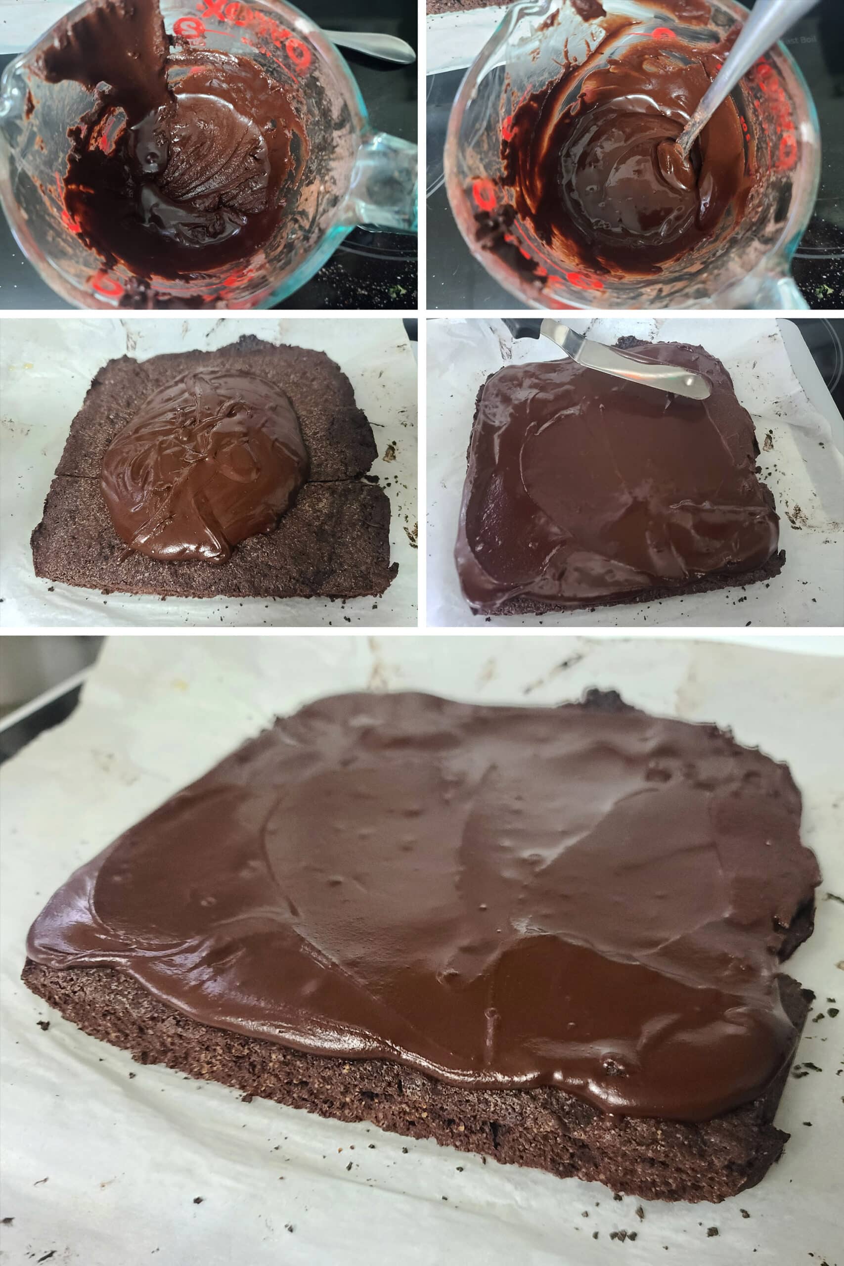 A 5 part image showing the mixed frosting after microwaving, poured on the slab of brownies and spread evenly.