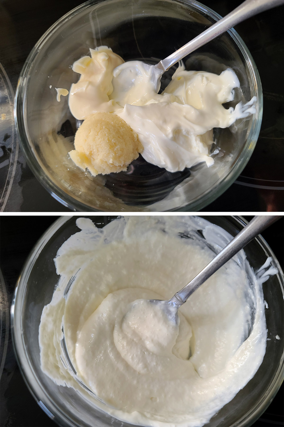 A two part image showing the horseradish sauce being mixed together.