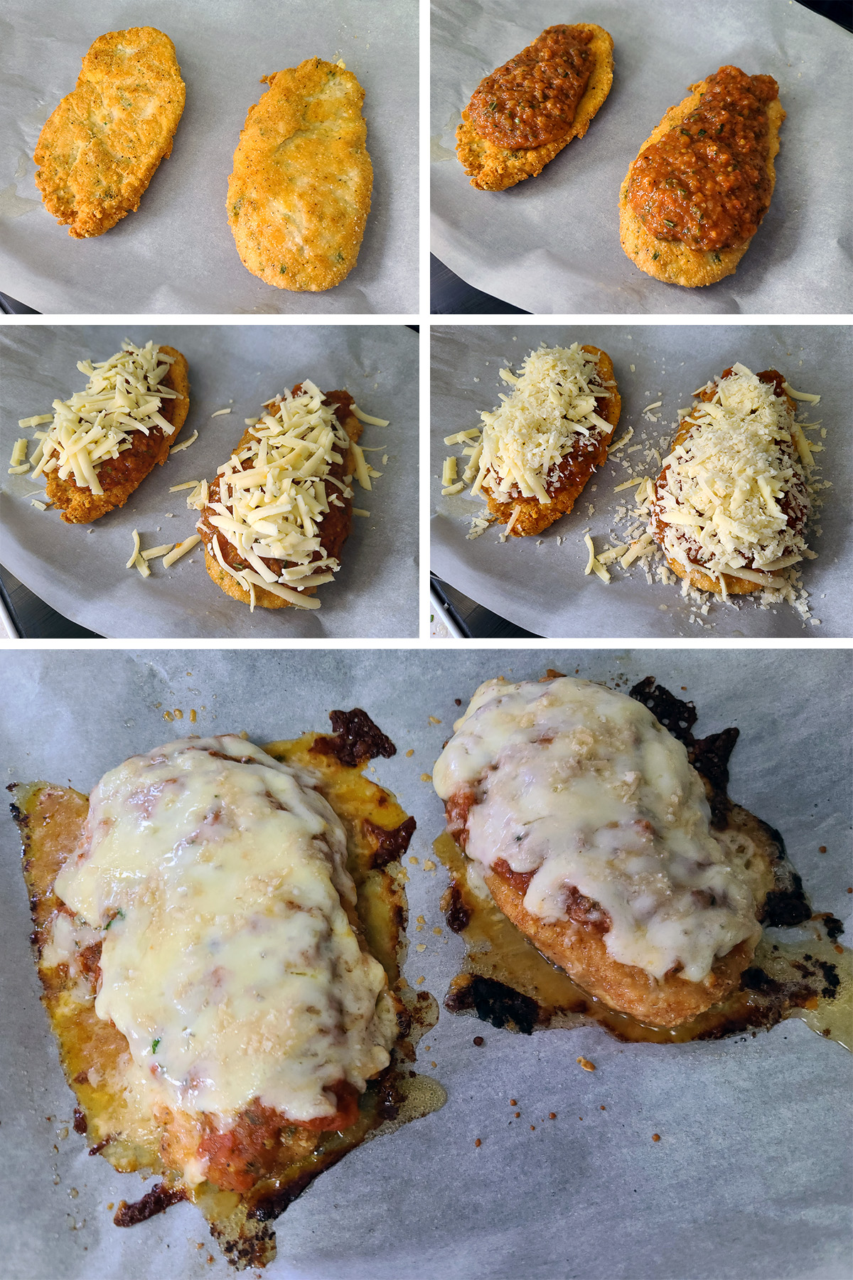 A 5 part image showing the fried chicken breasts being turned into chicken parmesan on a baking sheet.