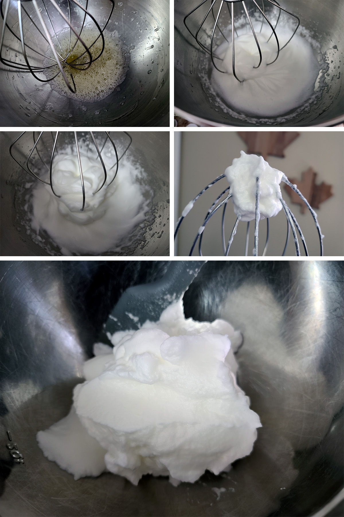 A 5 part image showing the egg whites being whipped until stiff peaks form.