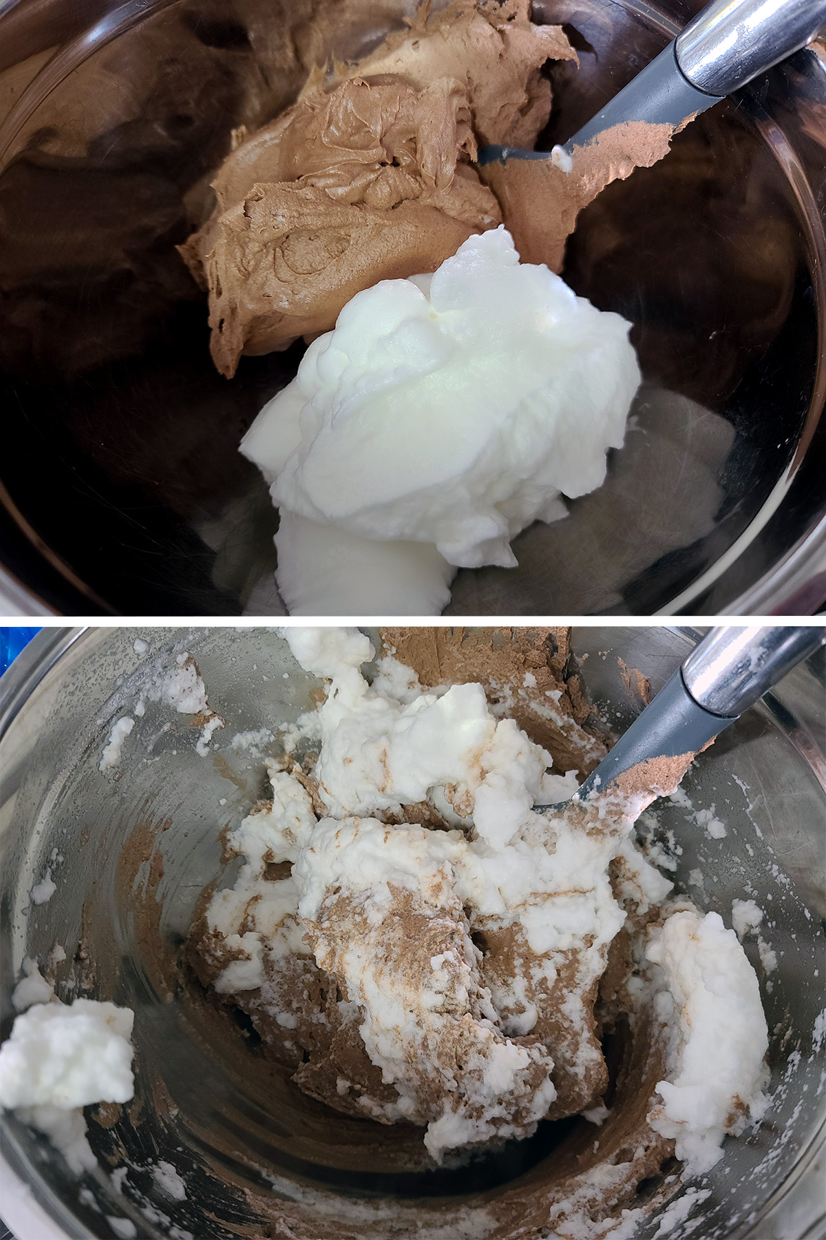 A two part image showing the chocolate whipped cream being folded together with the whipped egg whites.