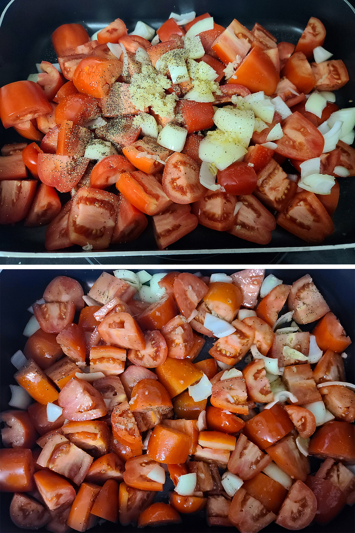 A two part image of tomatoes and onions in a roasted pan.