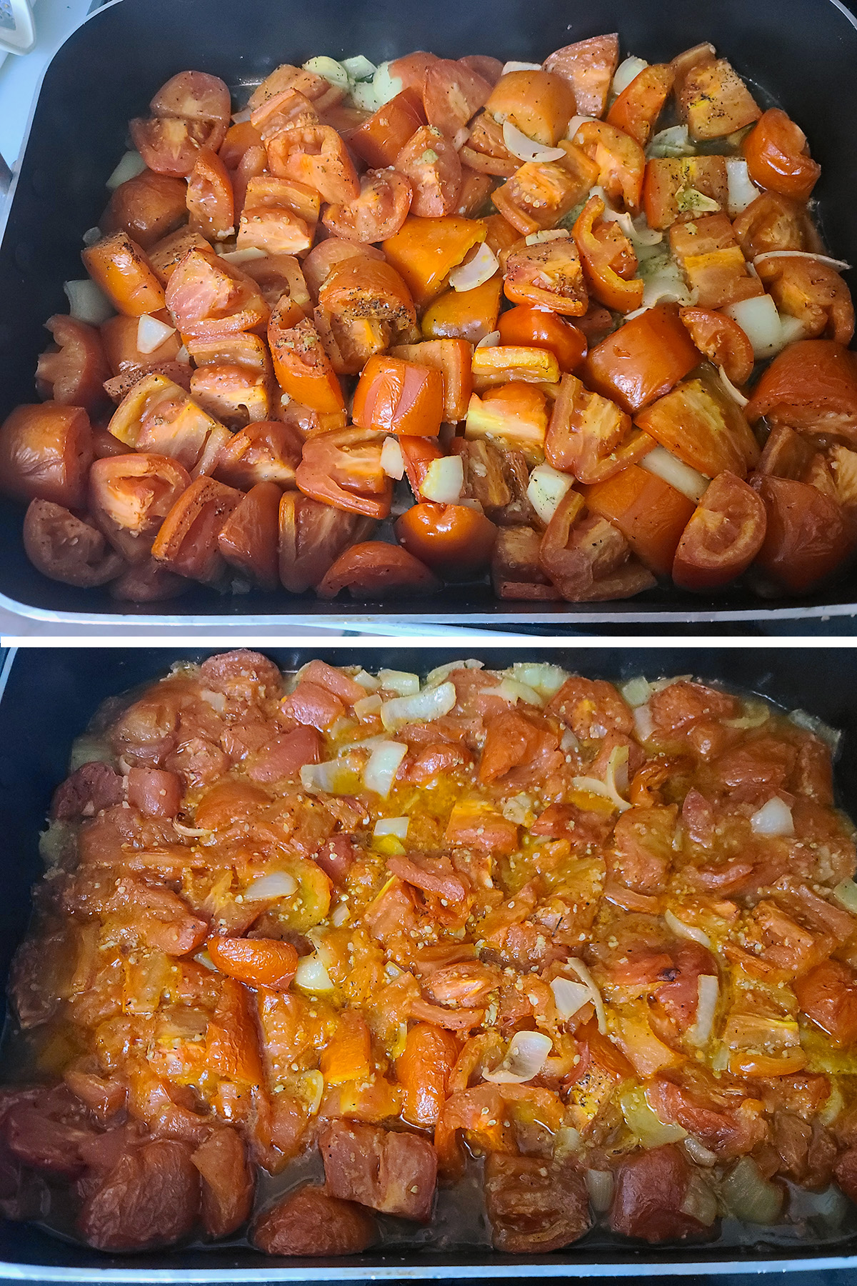 A two part image of tomatoes and onions in a roasted pan, partially cooked, and fully broken down.