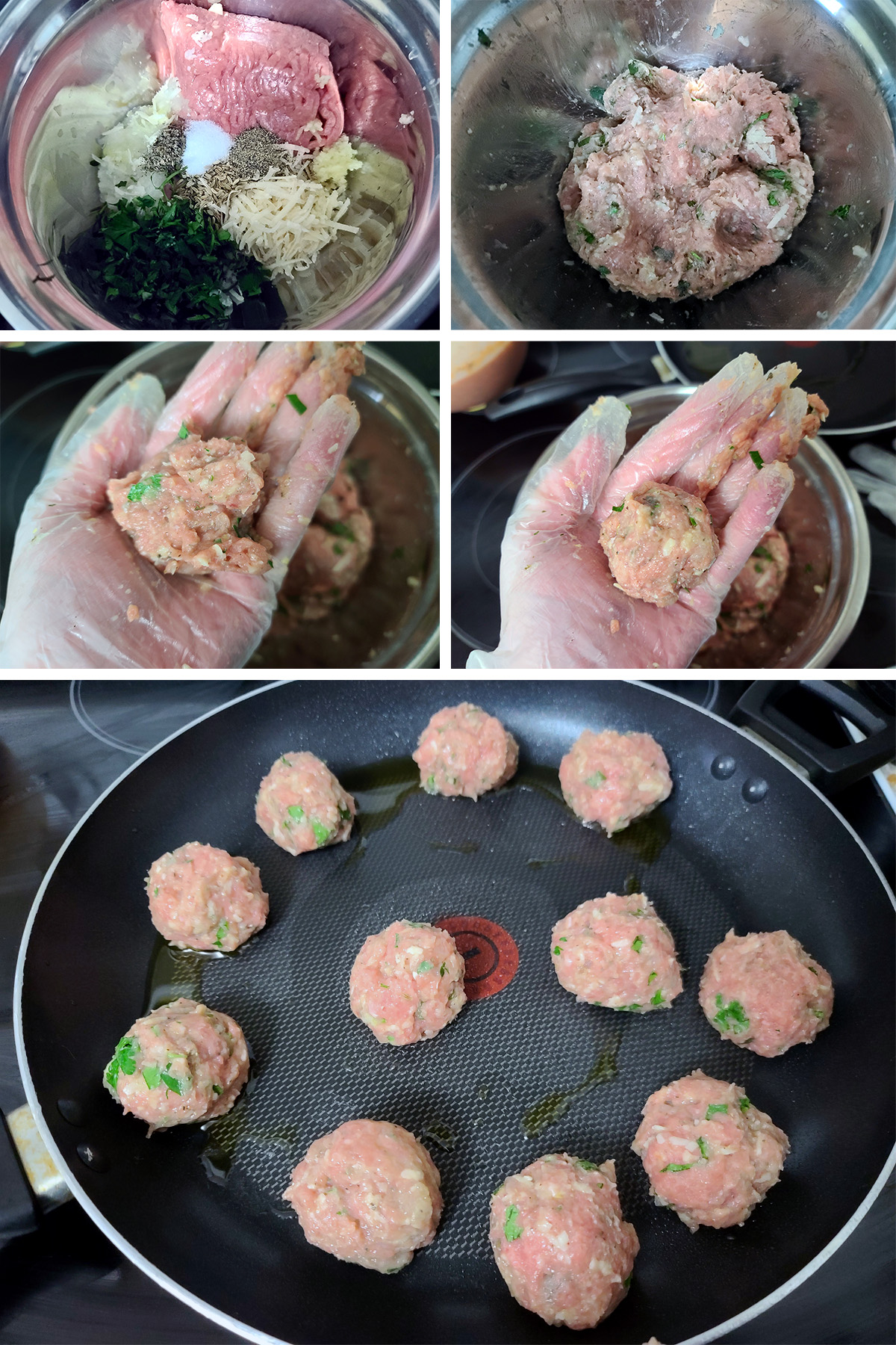 A 5 part image showing the keto meatball ingredients being mixed, formed into meatballs, and placed in a pan.