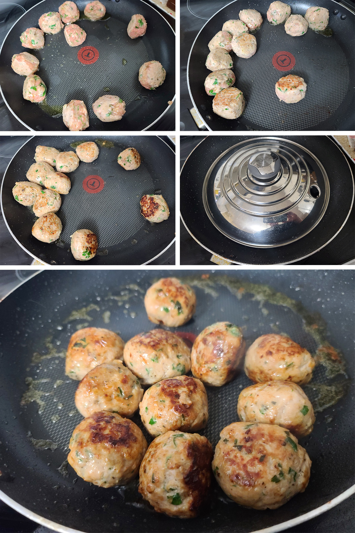 A 5 part image showning the meatballs being cooked.