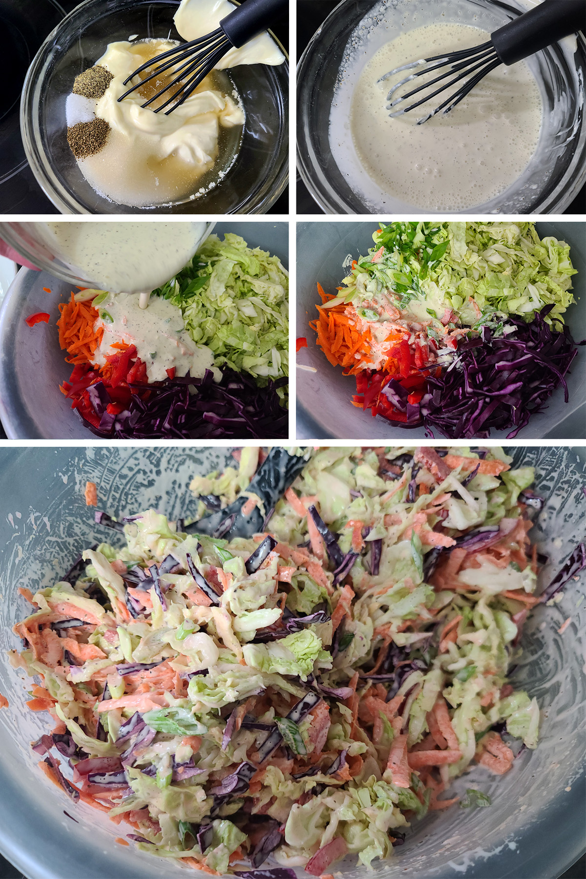 A 5 part image showing the dressing being mixed and stirred into the keto coleslaw,