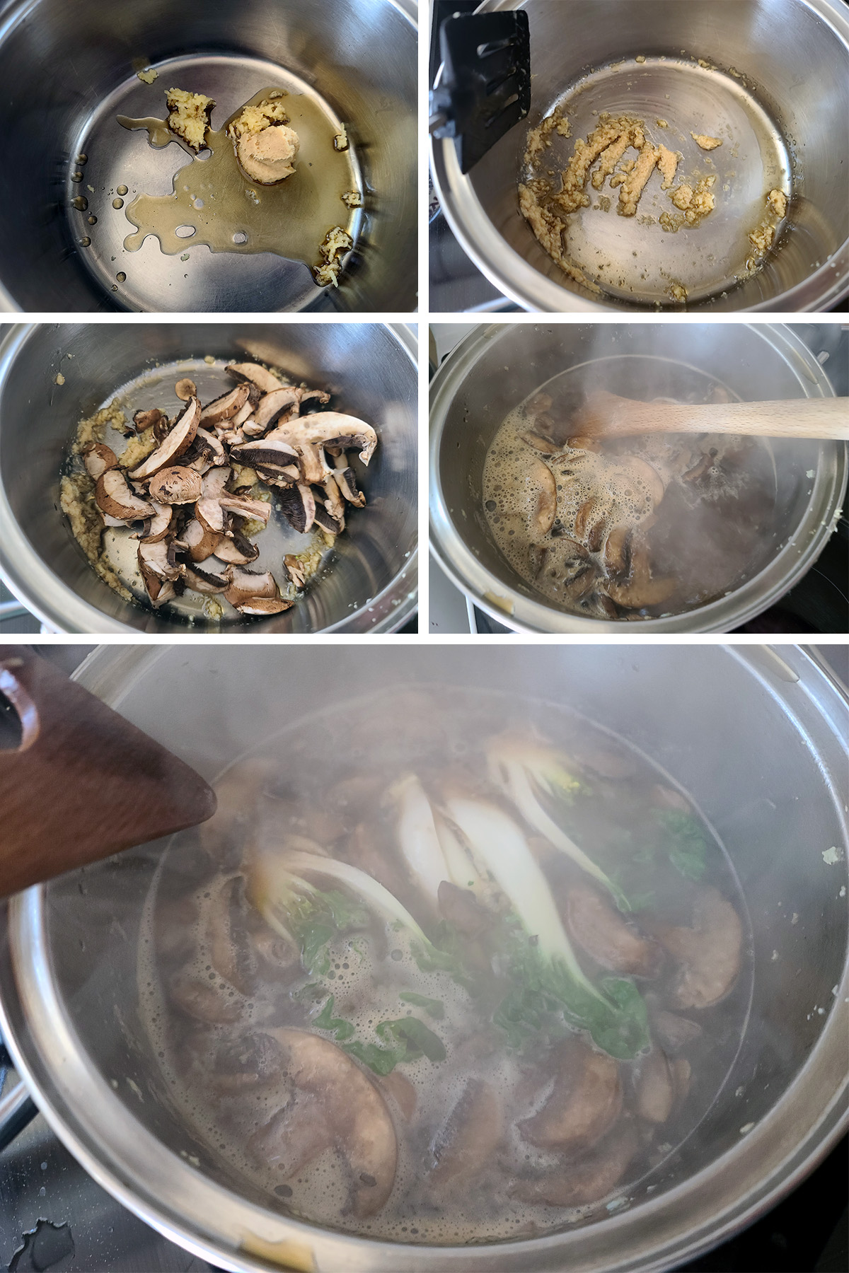 A 5 part image showing the broth being made.