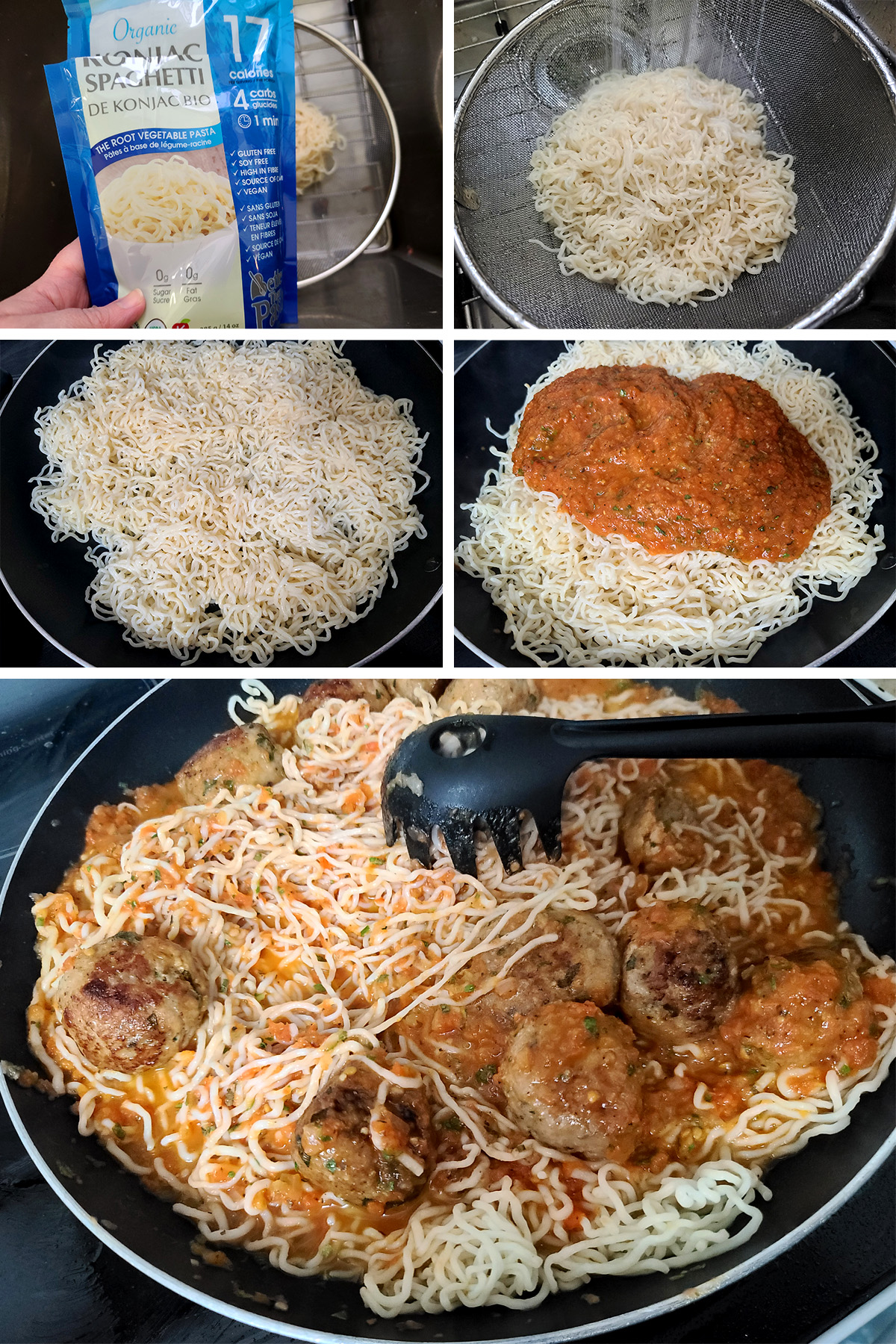 A 5 part image showing the konjac spaghetti being rinsed, fried, topped with keto marinara, and cooked with the keto meatballs.