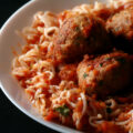 A plate of keto spaghetti and meatballs.