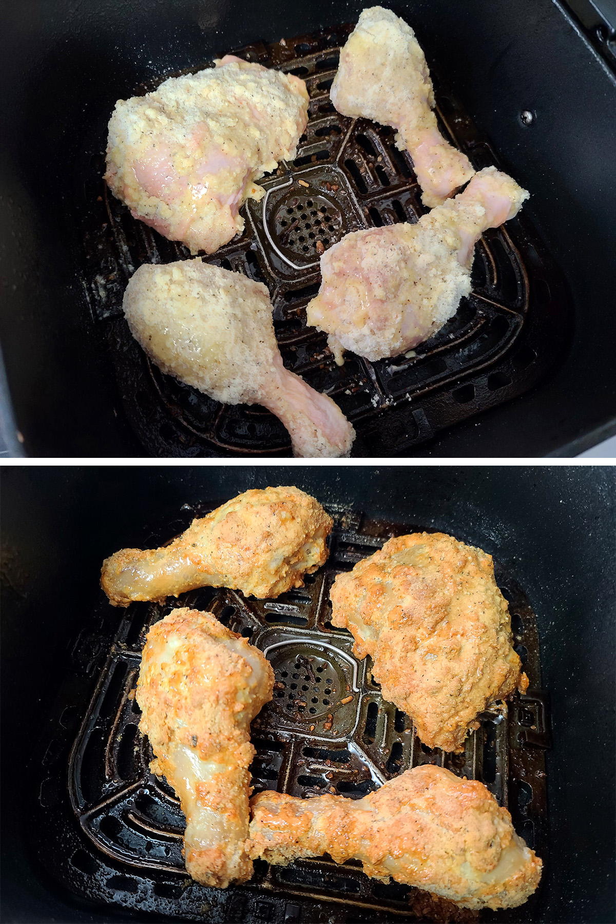 A two part image showing keto fried chicken being cooked in an air fryer.