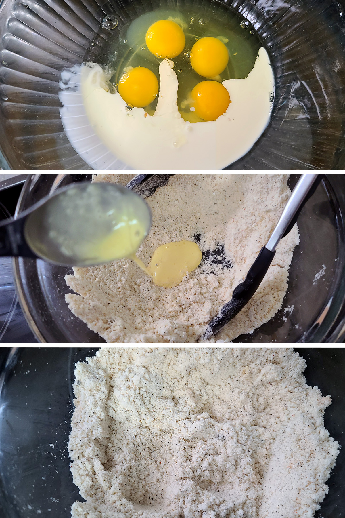 A 3 part image showing the eggs and cream being mixed, and a little bit of that added to the dry mix.