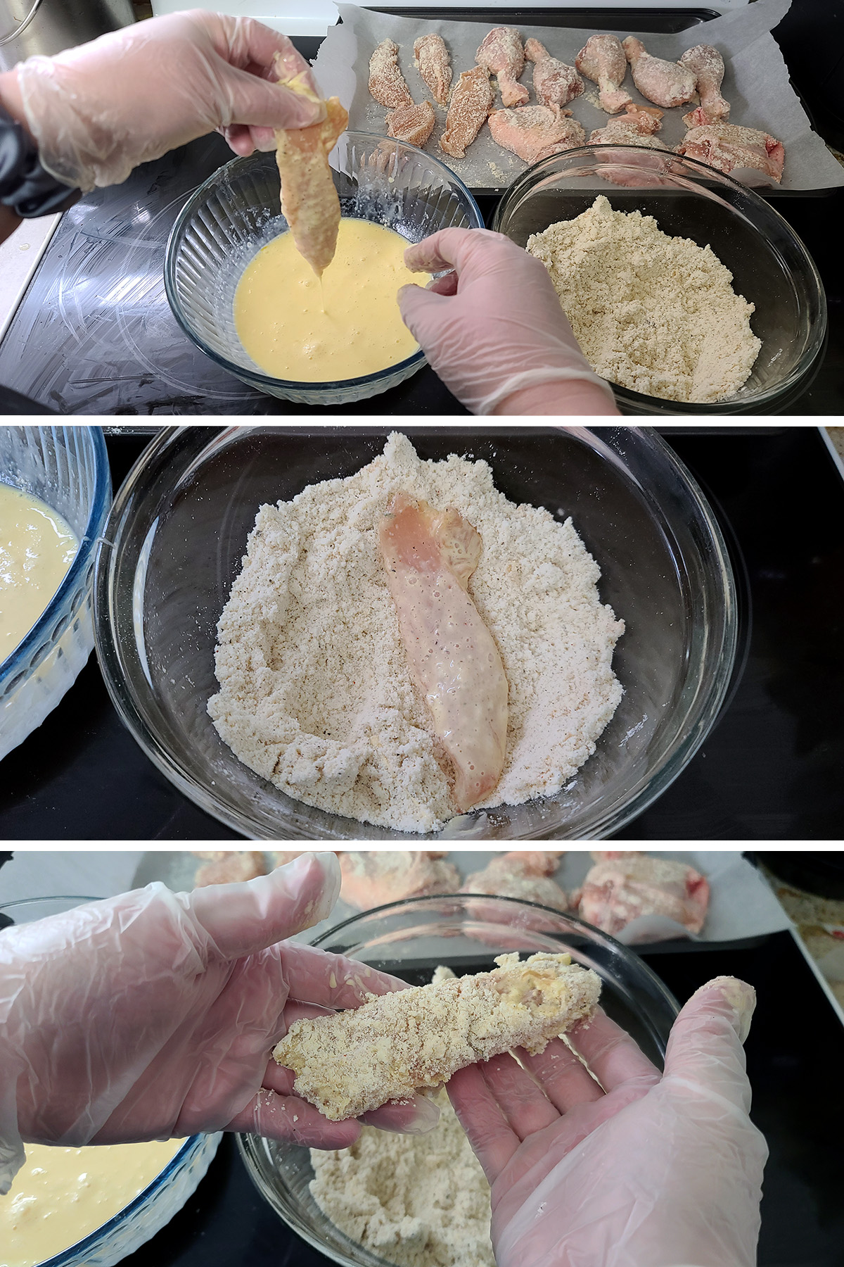 A 3 part image showing chicken being dipped in egg mixture, then breading.