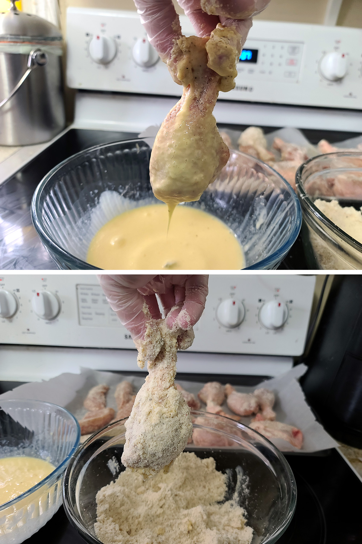 A two part image showing chicken being dipped in egg mixture and keto breading.