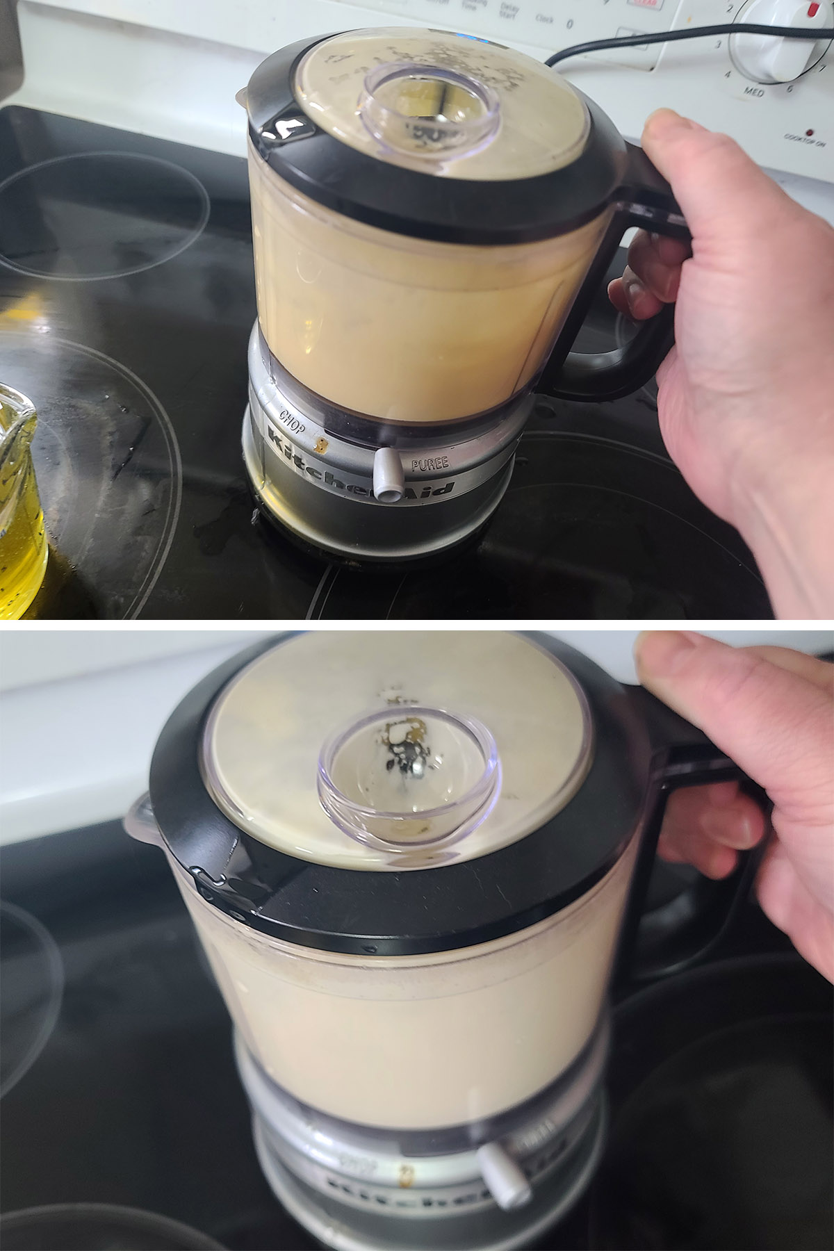 A two part image showing keto mayo being made in a mini food processor.