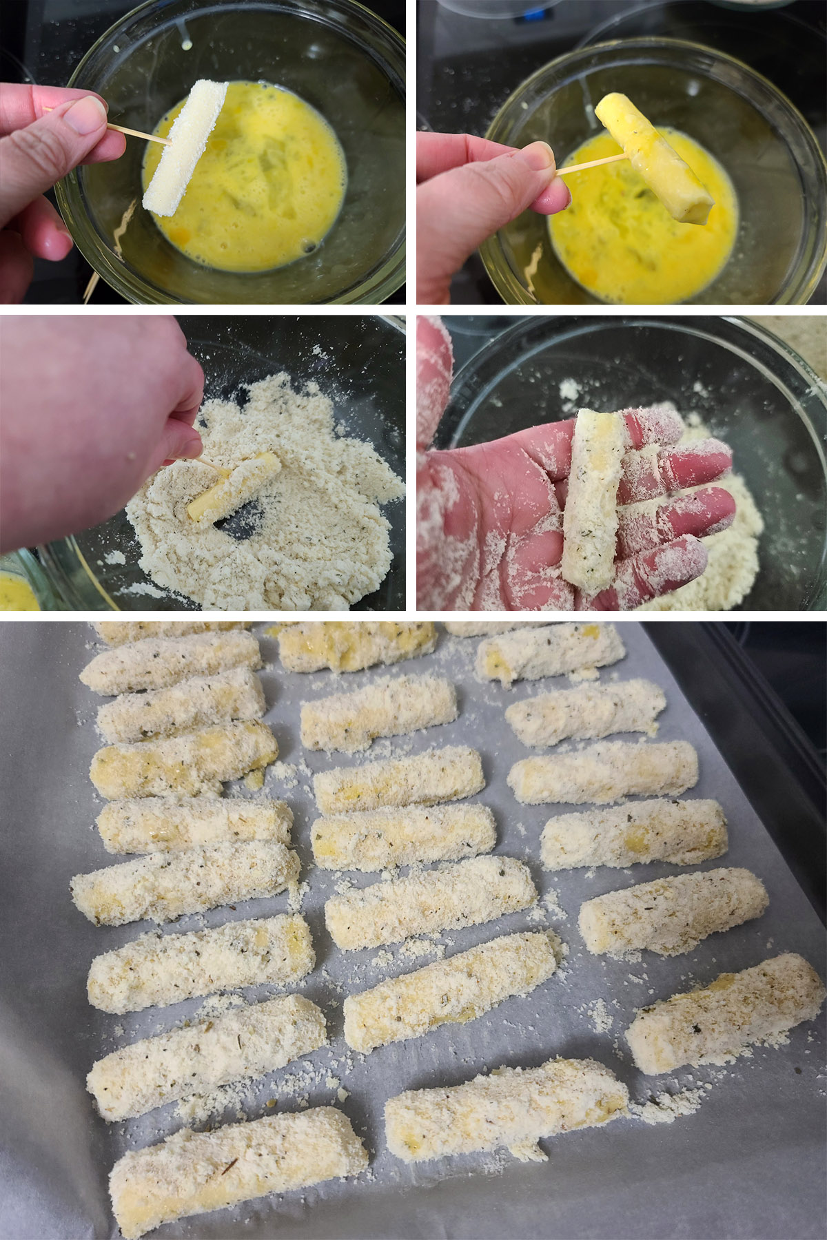 A 5 part image showing the cheese sticks being dredged through egg mixture, coated in breading, and put on a parchment lined baking sheet.