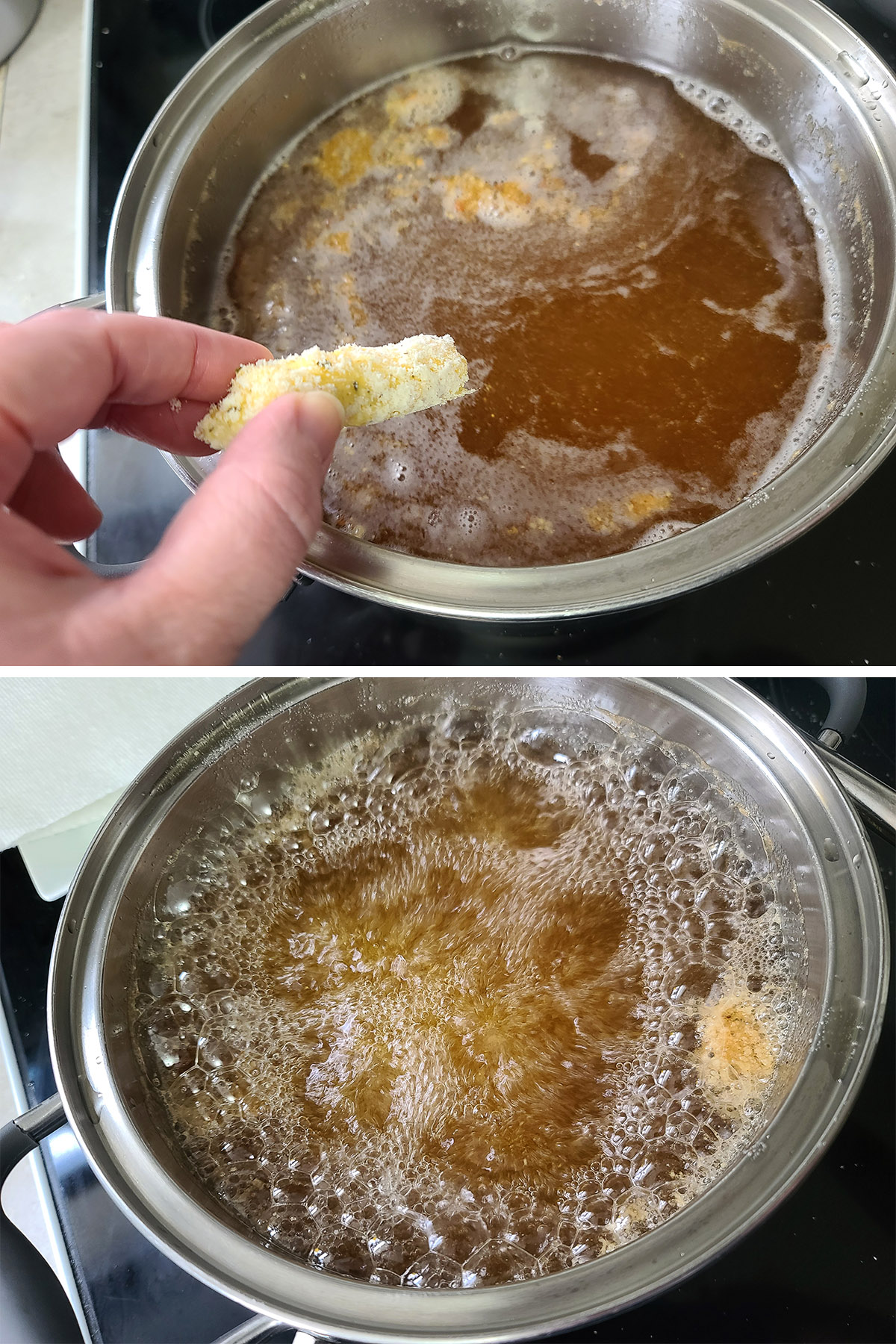 A two part image showing a keto mozzarella stick being added to boiling oil, and several cheese sticks deep frying.