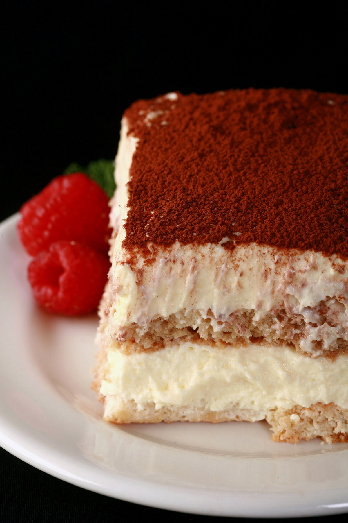 A square of low carb tiramisu on a small plate.