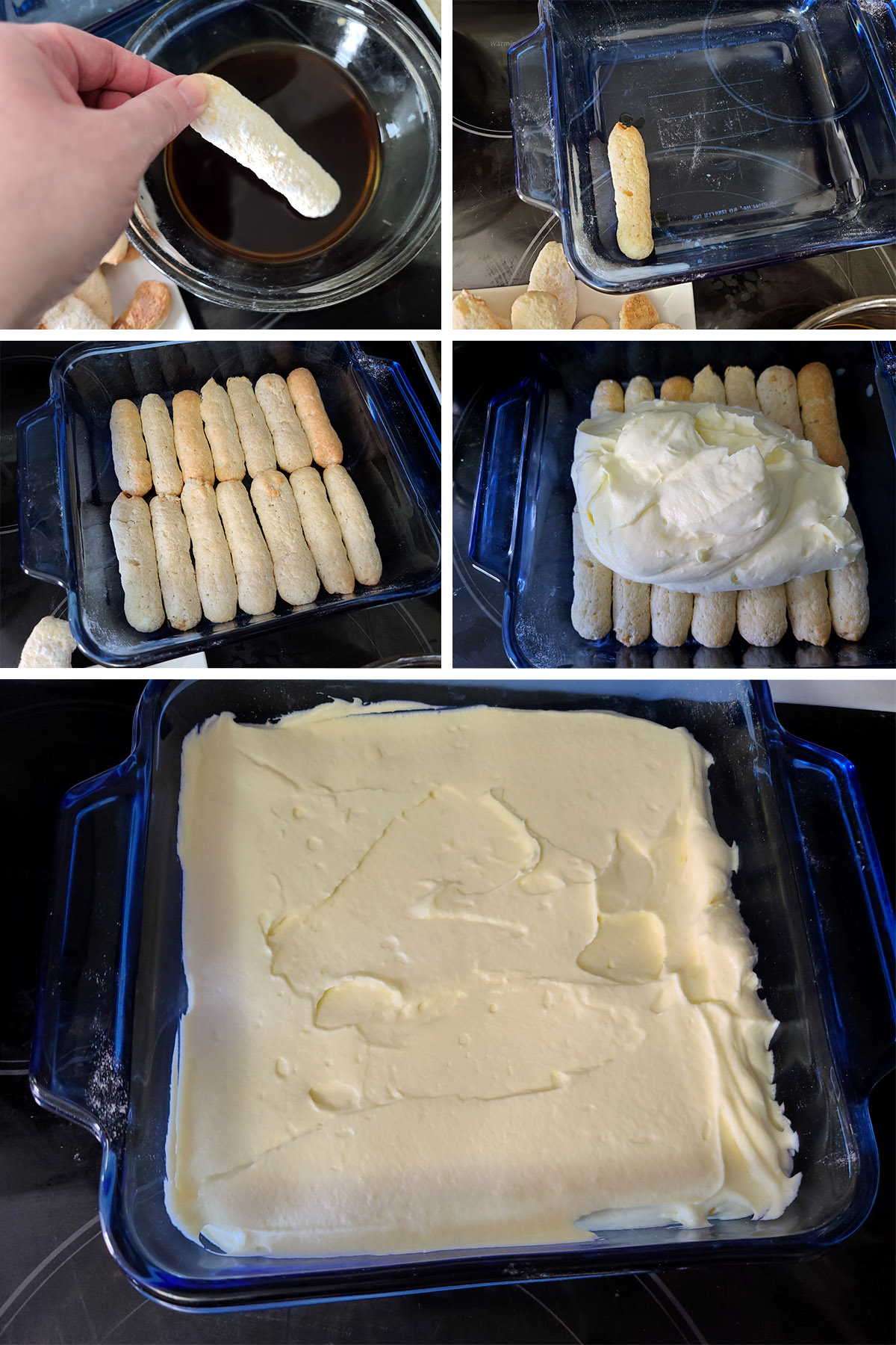 A 5 part image showing keto ladyfingers being dipped in coffee and rum, arranged in a pan, and covered with mascarpone filling.