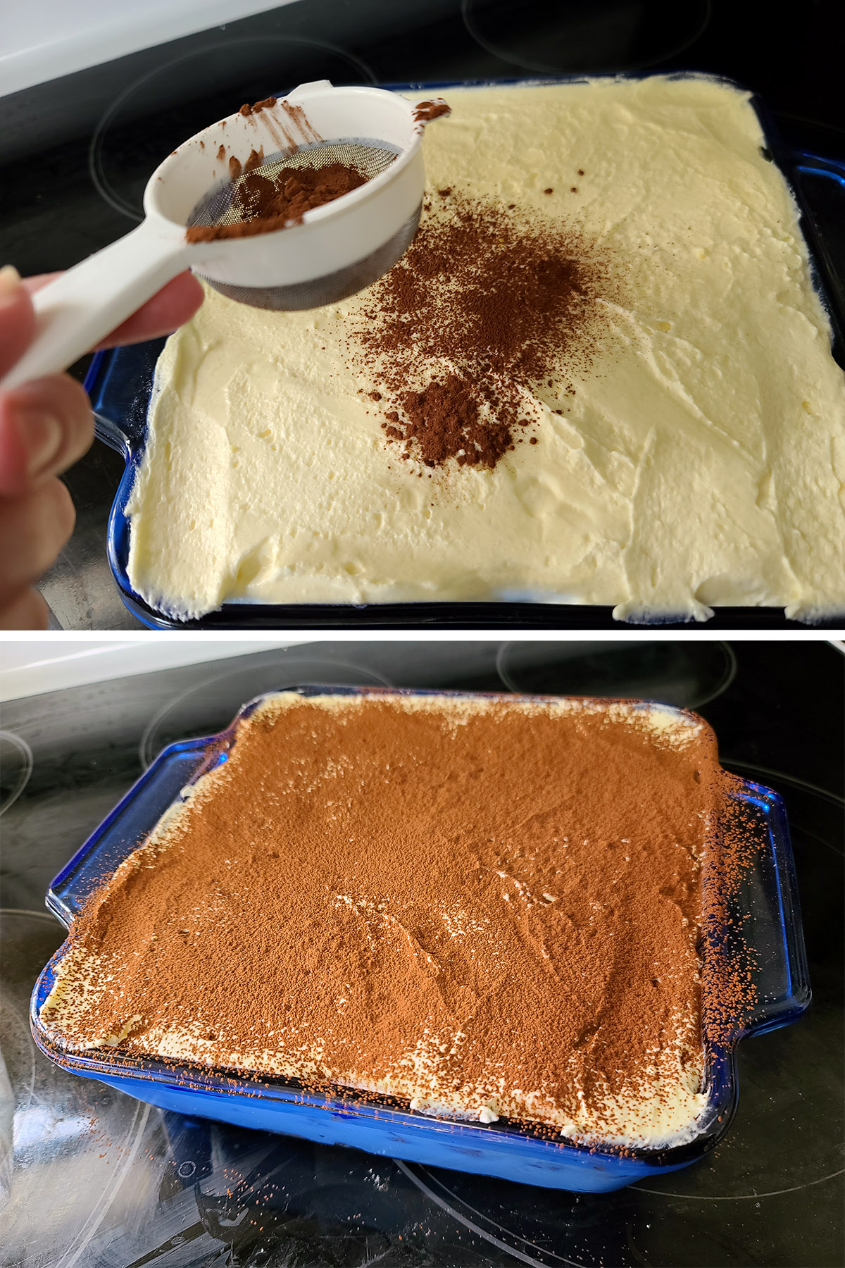 A two part image showing cocoa being sifted over the chilled keto tiramisu.