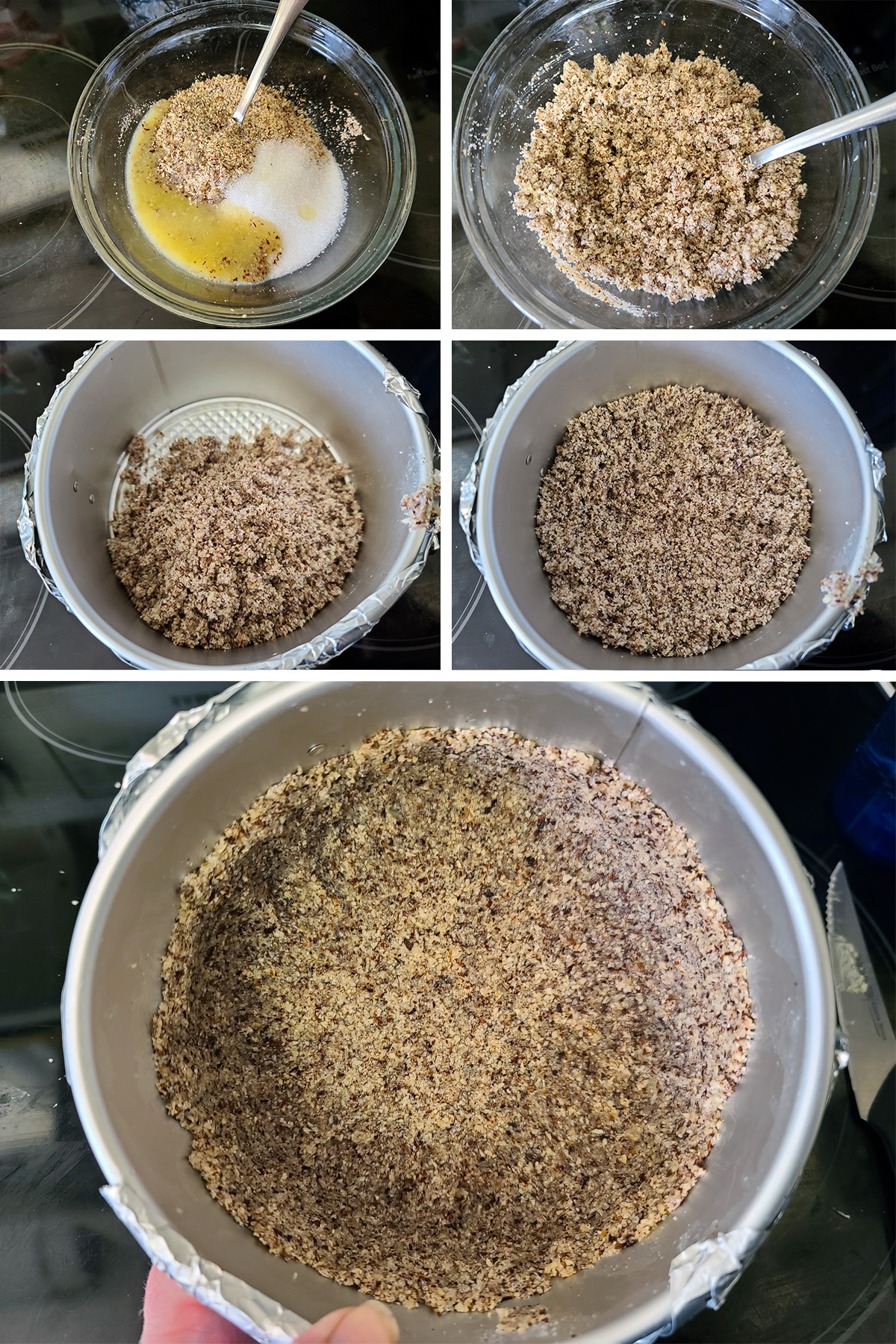 A 5 part image showing the nut flour crust being mixed together and pressed into the bottom and sides of the pan.