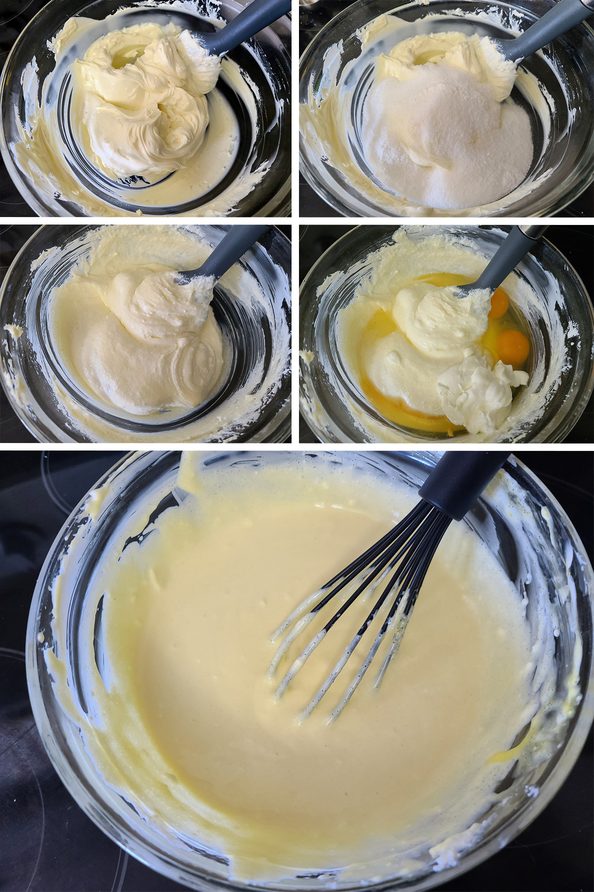 A 5 part image showing the cheesecake batter being mixed with a whisk.