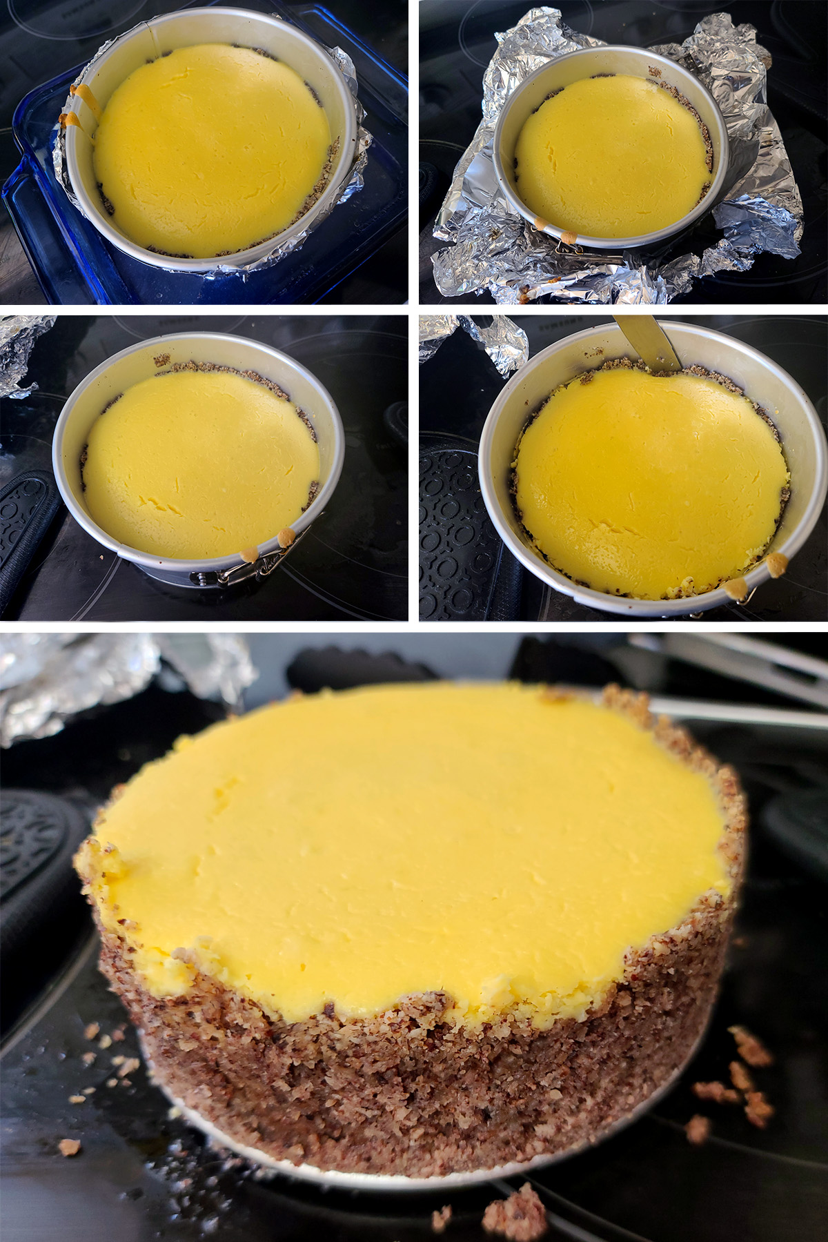 A 5 part image showing the baked cheesecake being removed from the water bath, the foil being removed from the pan, and the side of the pan removed.