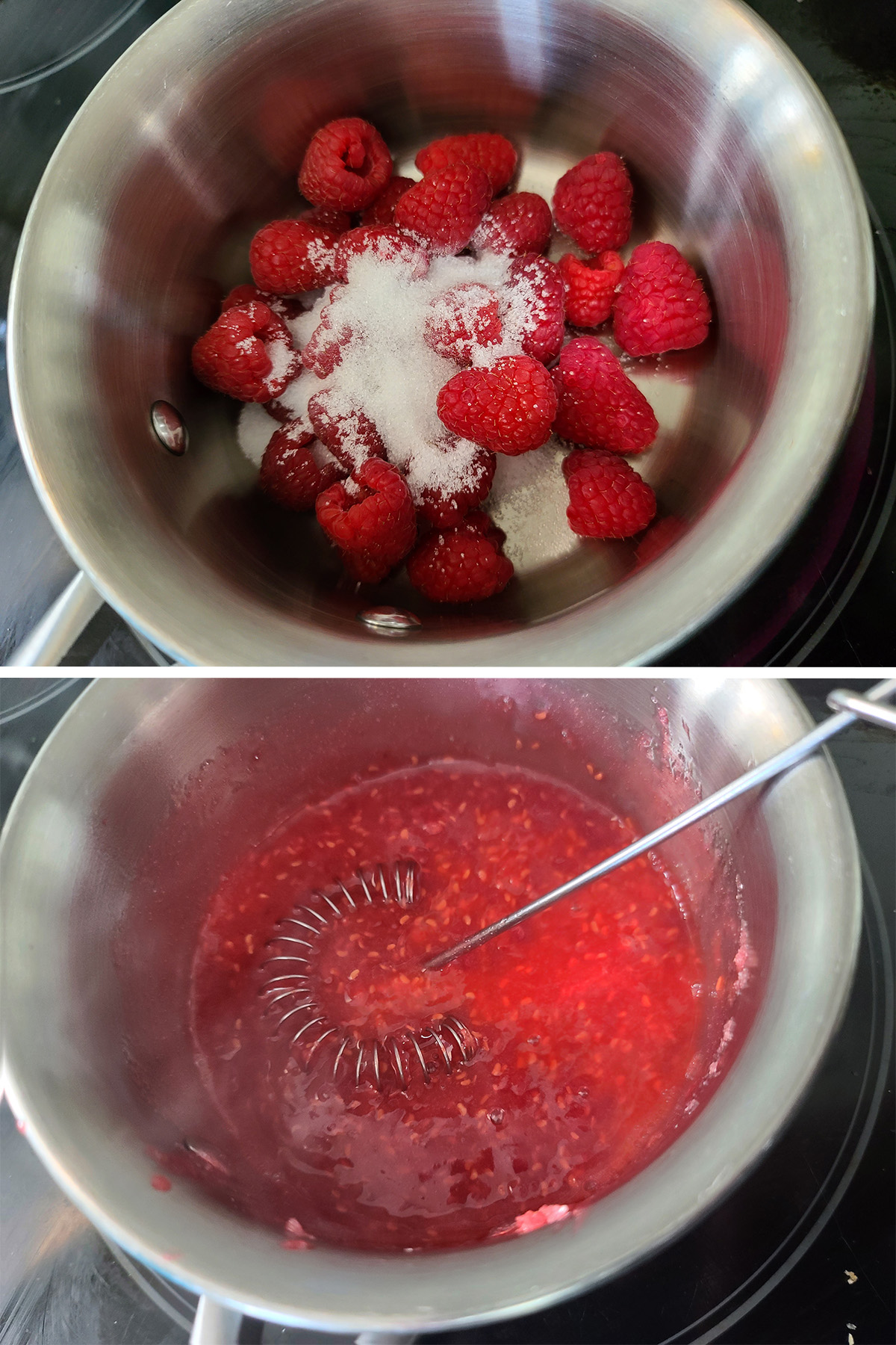 A 2 part image showing a quick sugar free raspberry sauce being made in a small pot.