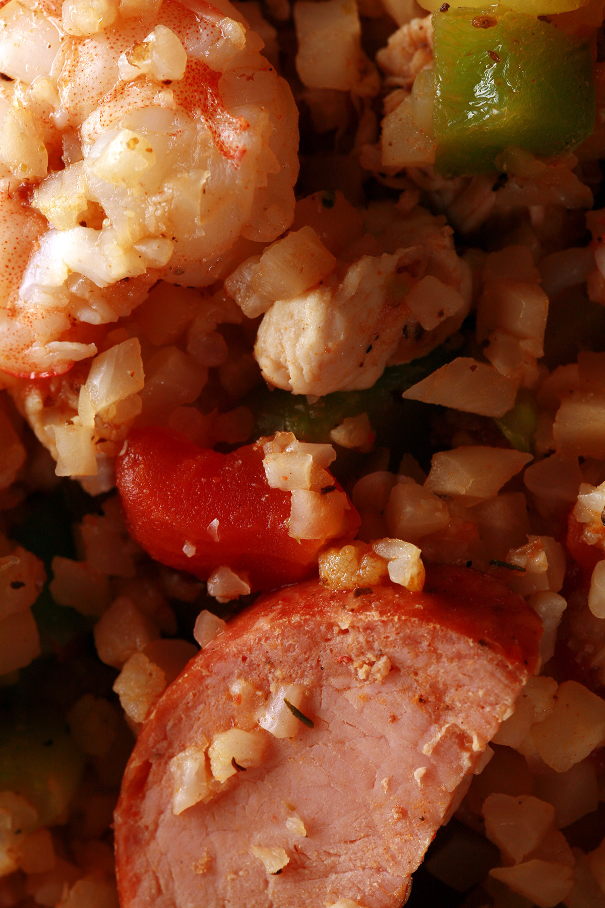 A close up photo of a bowl of keto jambalaya with shrimp and sausage.