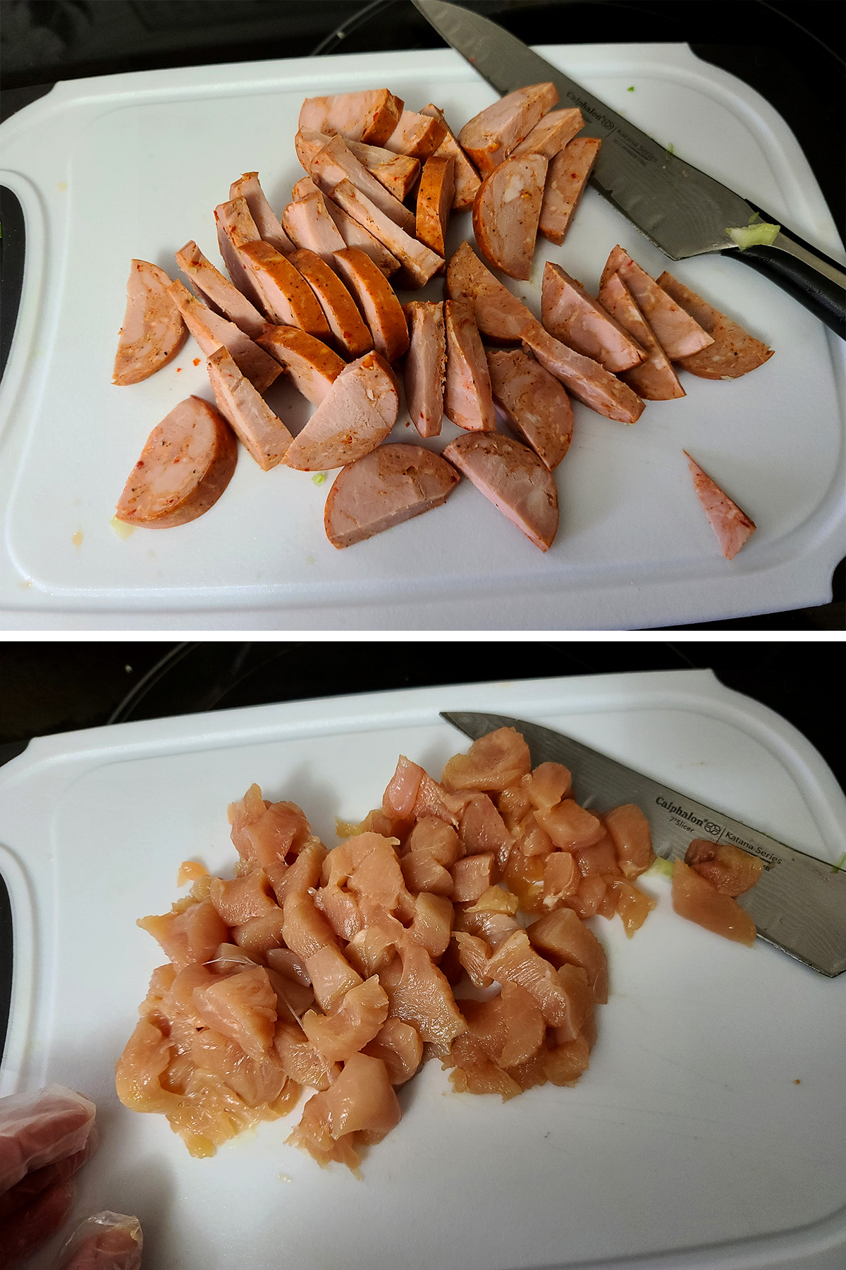 A 2 part image showing the sausage and chicken being cut up.