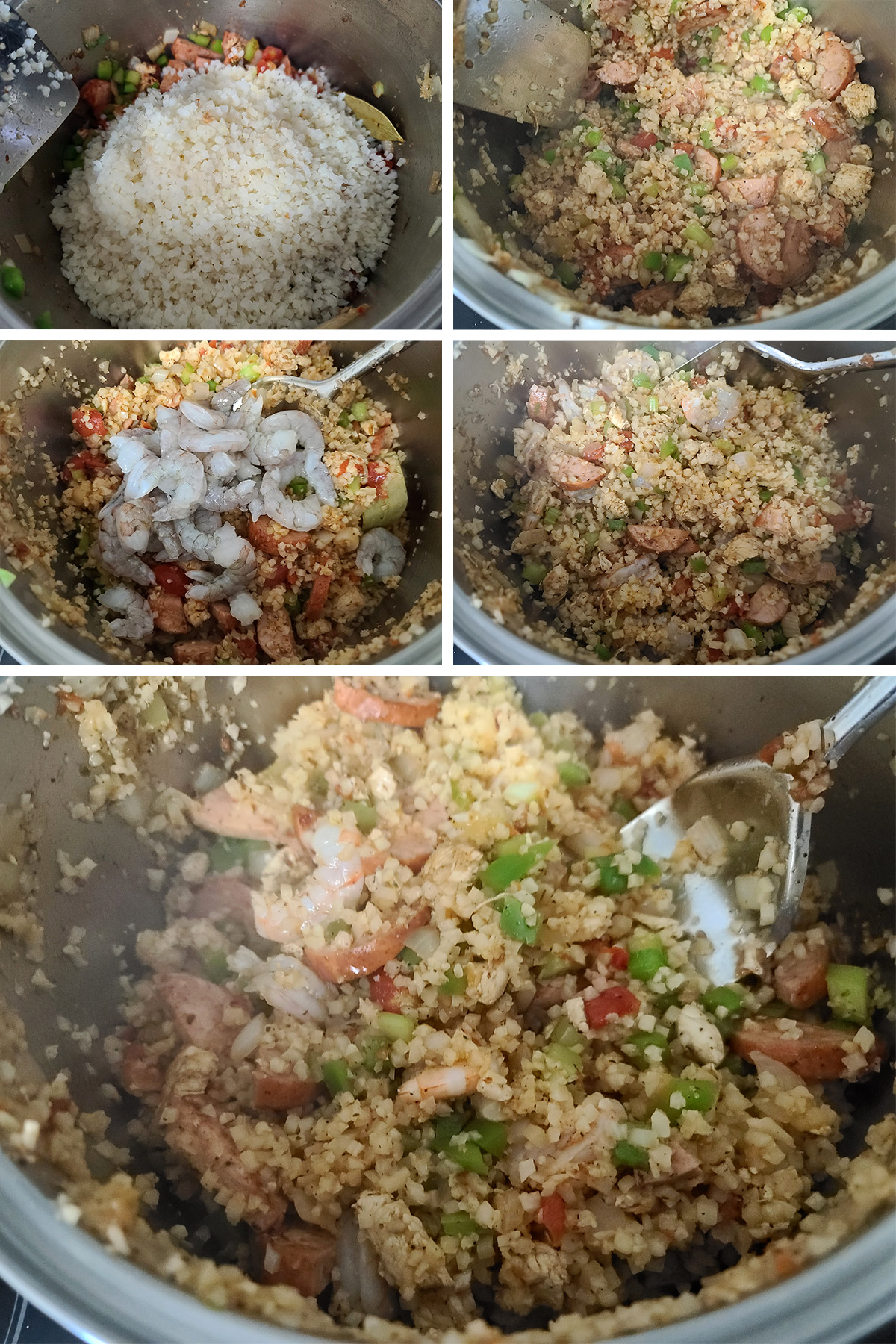 Cauliflower rice and shirmp added to the pot, and the final jambalaya.