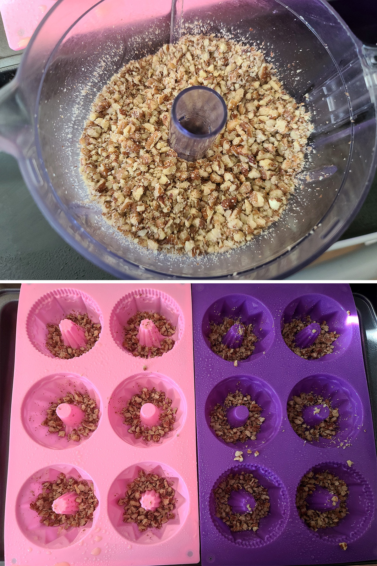 A two part image showing pecans in a mini food processor, then distributed among the mini bundt pan cavities.