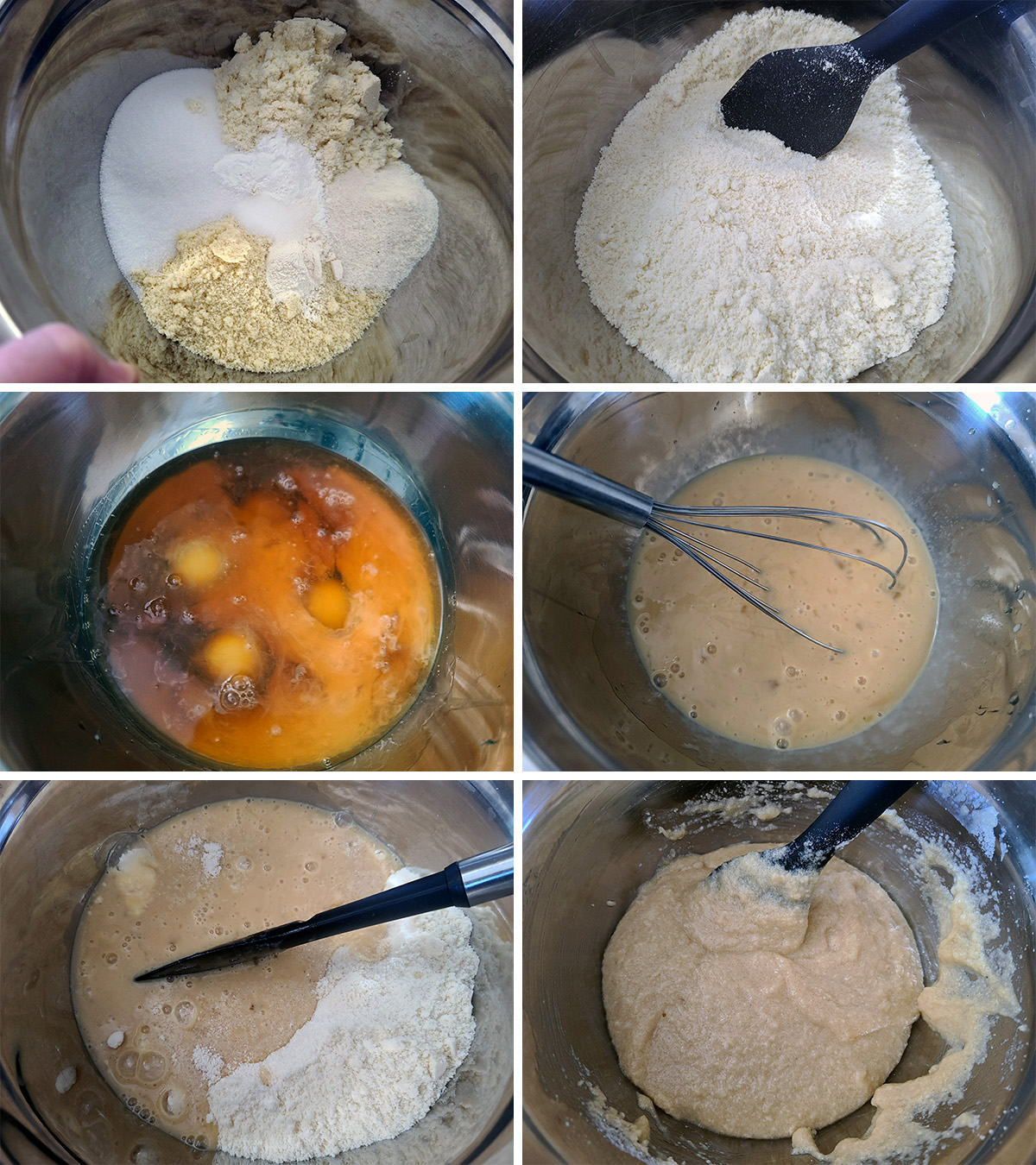 A 6 part image showing the batter being mixed up by hand.