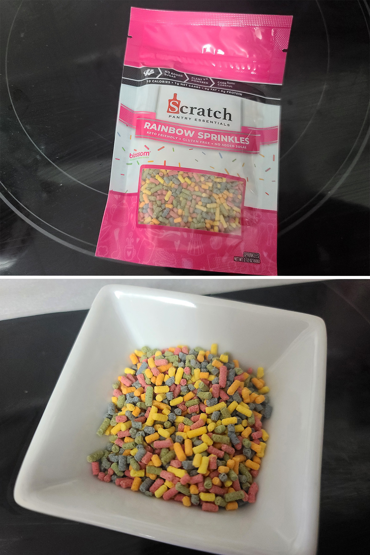 A 2 part image showing a bag of keto sprinkles and a bowl of the same.
