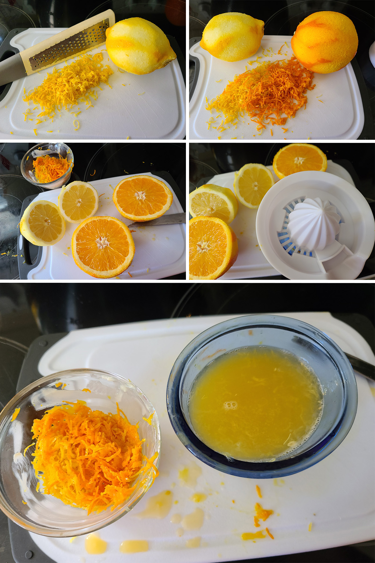 A 5 part image showing the lemon and orange being zested and juiced.