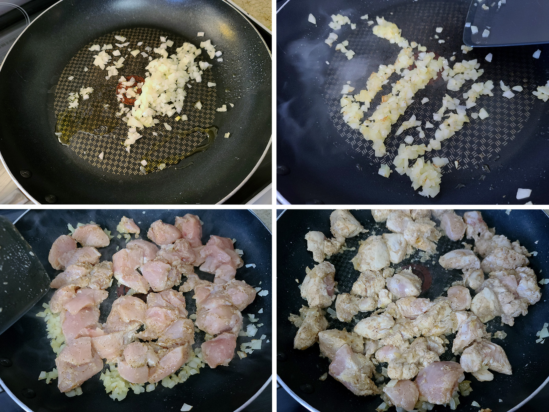 A 4 part image of the onion, garlic, and chicken cooking in a pan.