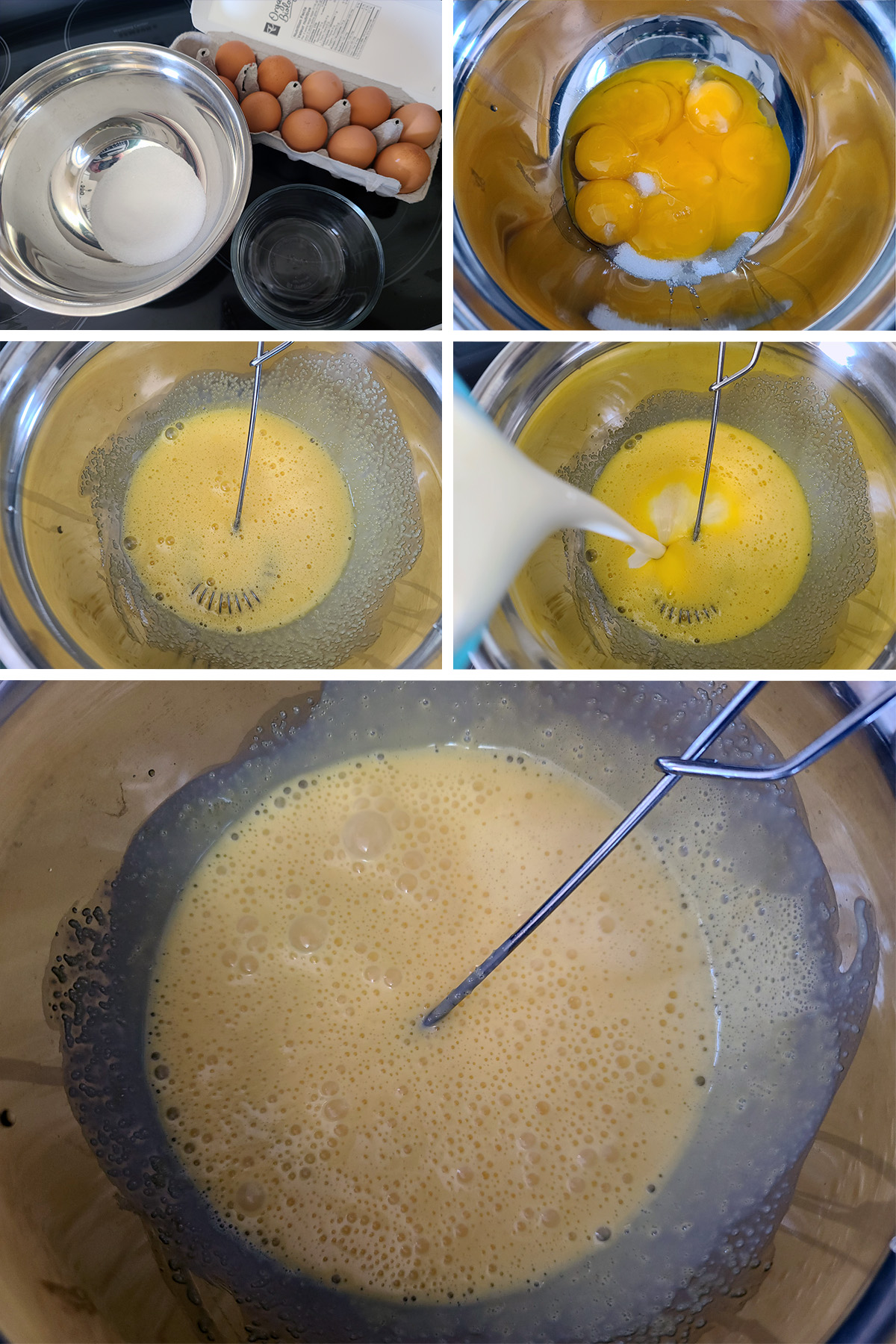 Egg yolks, sugar substitute, and heavy cream being mixed together.