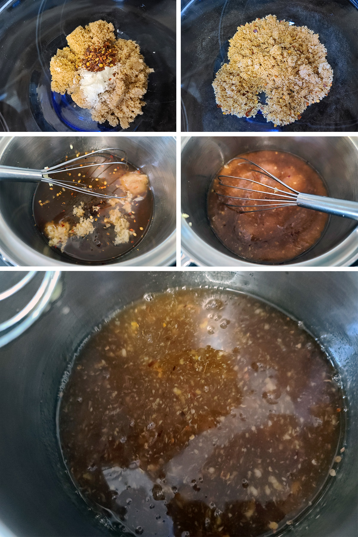 A 5 part image showing the sauce being made.