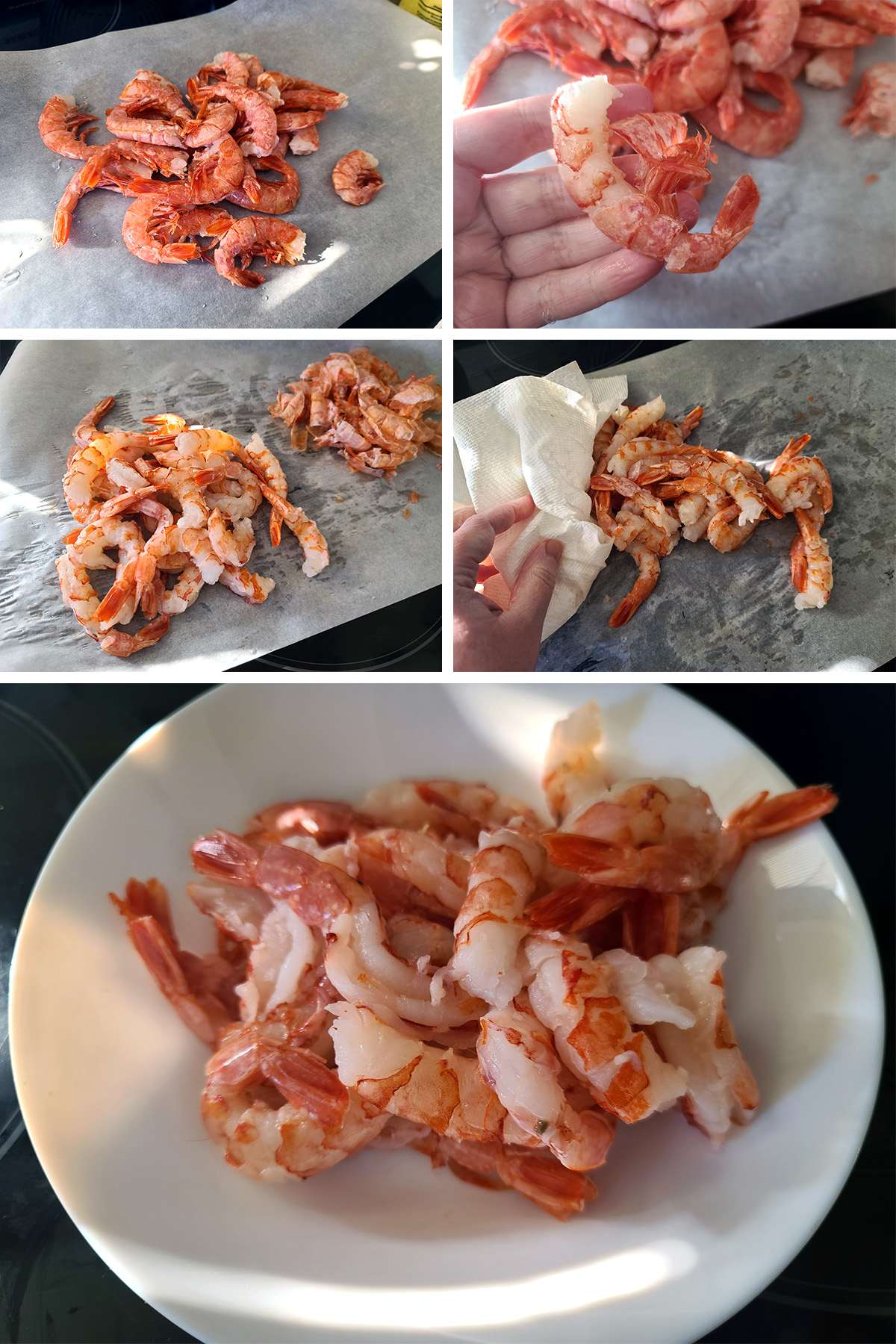 A 5 part image showing the shrimp being peeled and prepared.