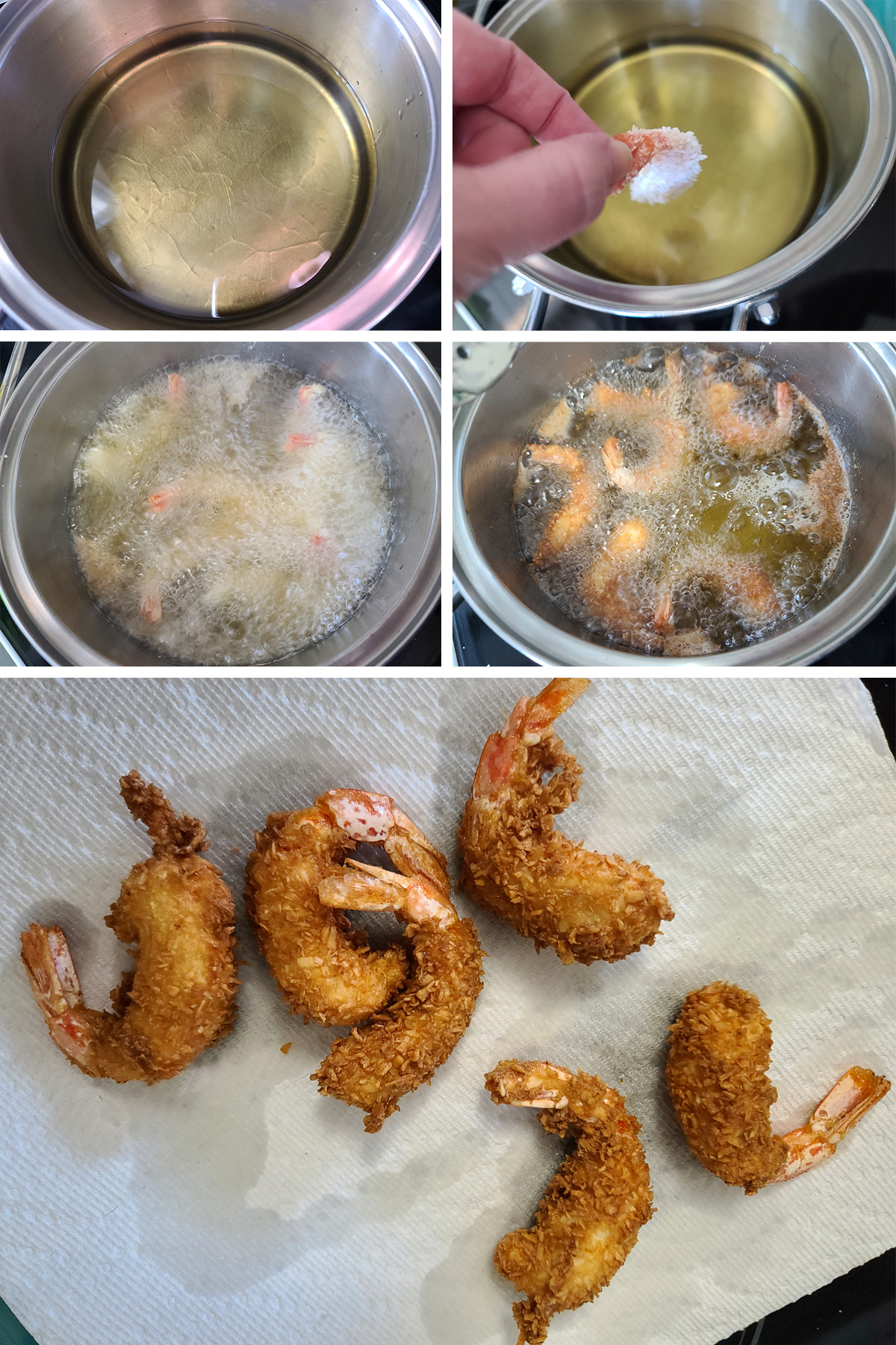 A 5 part image showing coconut shrimp being deep fried.