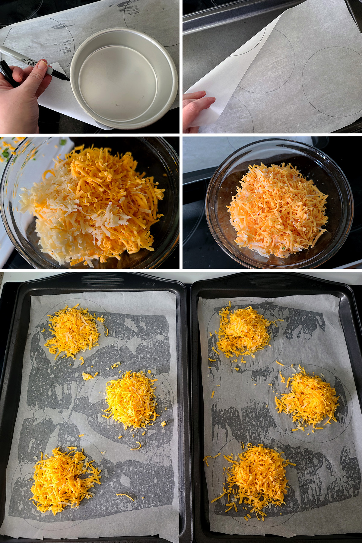 A 5 part image showing a cake pan being traced on parchment, cheeses being mixed, and mounds of cheese placed on the prepared pans.