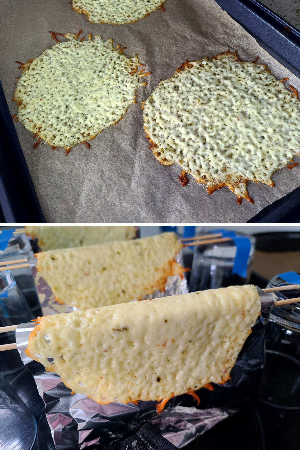 A 2 part image showing taco shells being made from jalapeno jack cheese.