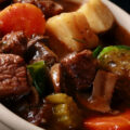 A bowl of low carb beef stew.