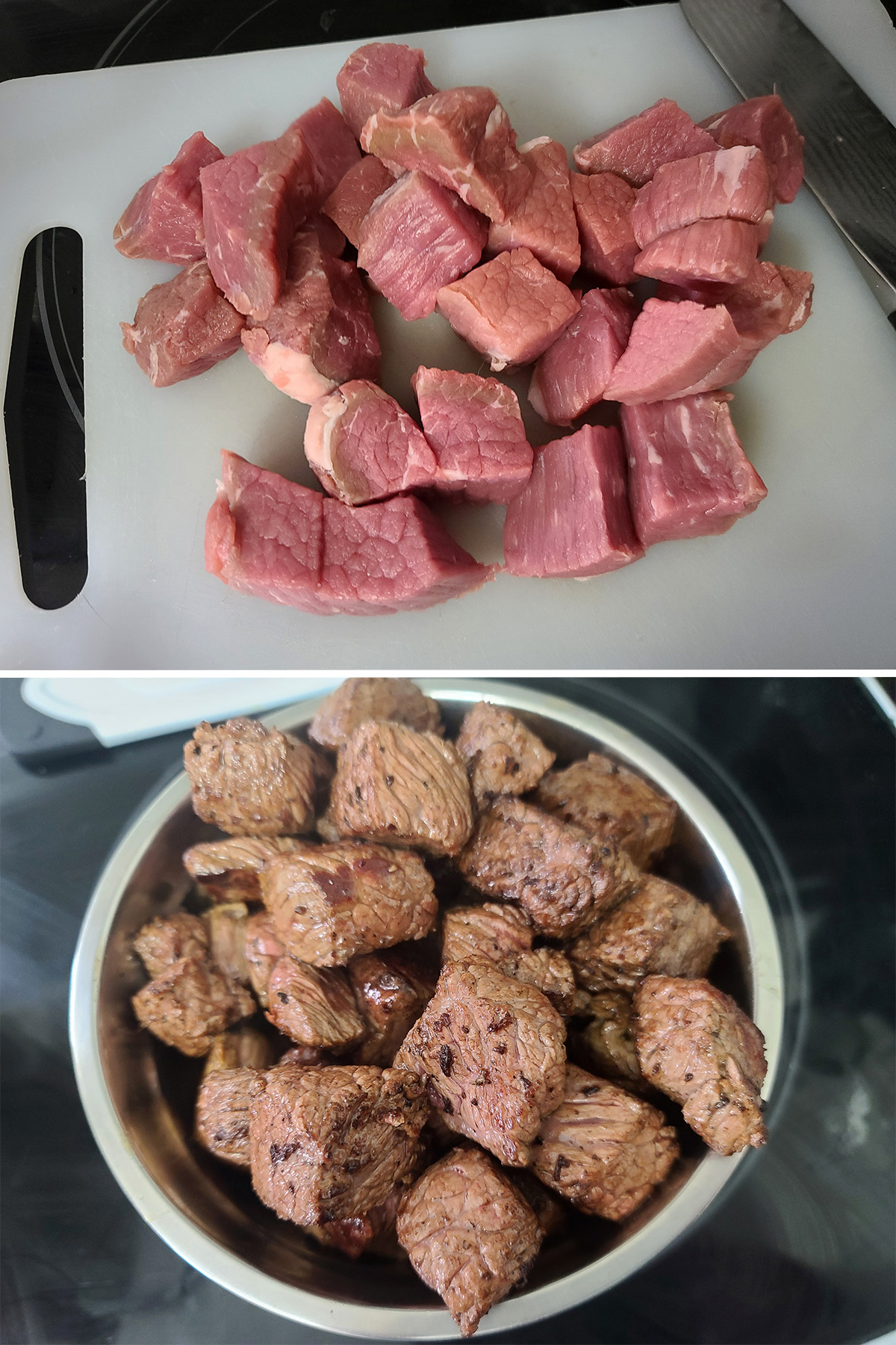 A two part image showing chunks of beef before and after searing.