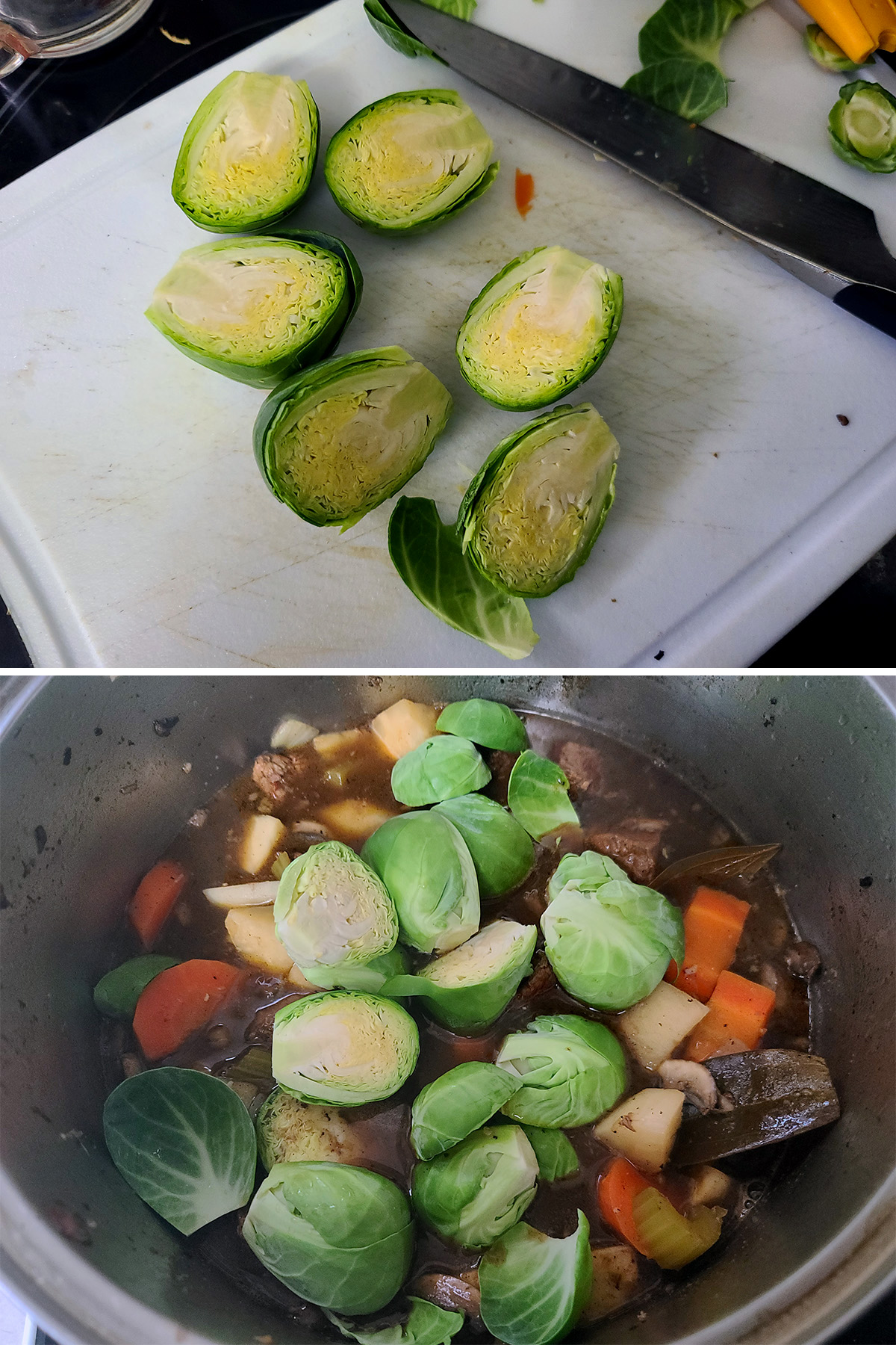 A two part image showing Brussels Sprouts being cut in half and added to the pot.
