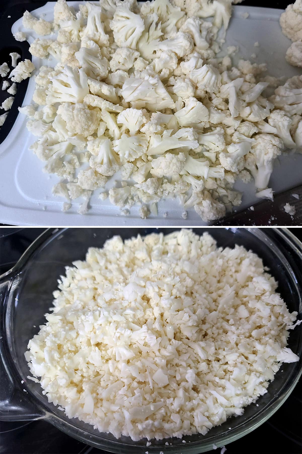 A 2 part image showing a cauliflower being chopped into small florets, then a dish of riced cauliflower.