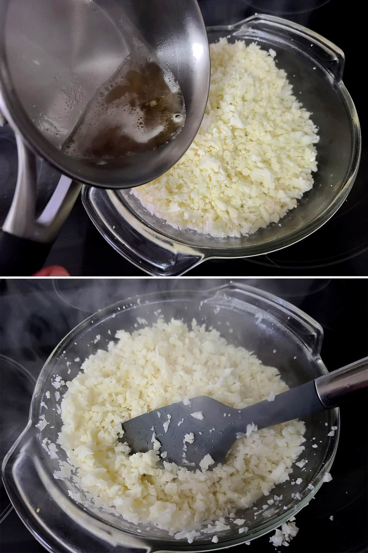 A 2 part image showing seasoned vinegar being poured onto cooked cauliflower rice and stirred in.