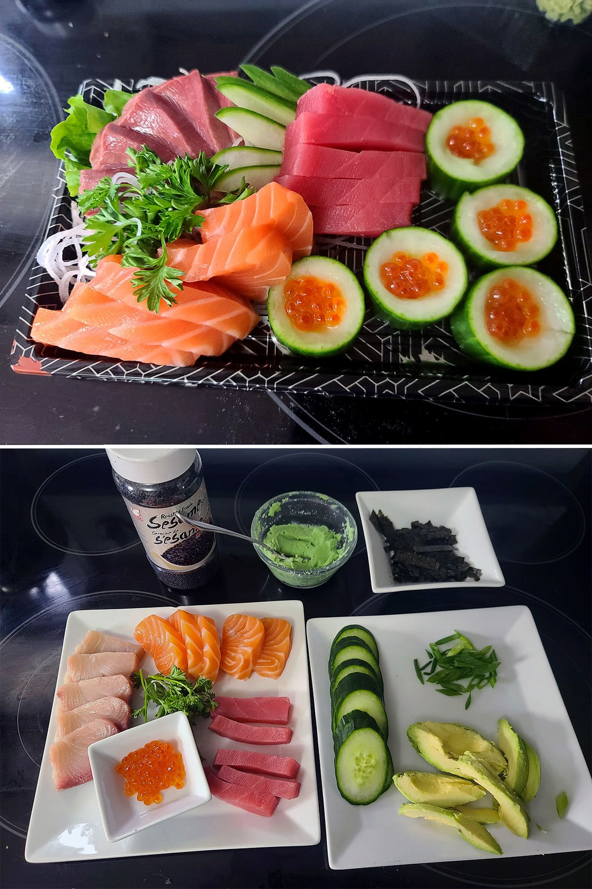 A two part image showing a takeout container of sashimi, and that sashimi arranged on plates with other ingredients.
