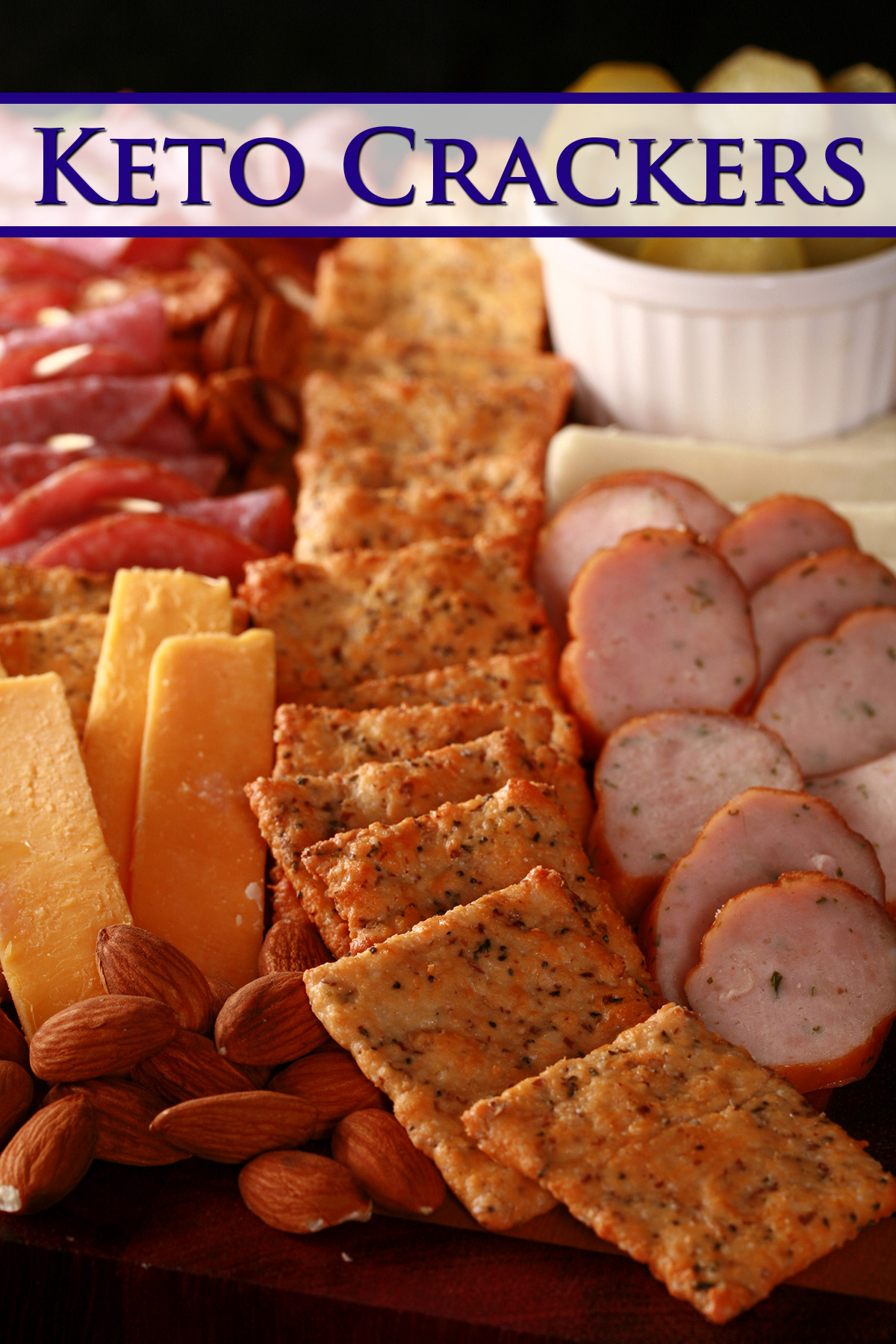 A low carb charcuterie plate featuring keto crackers.