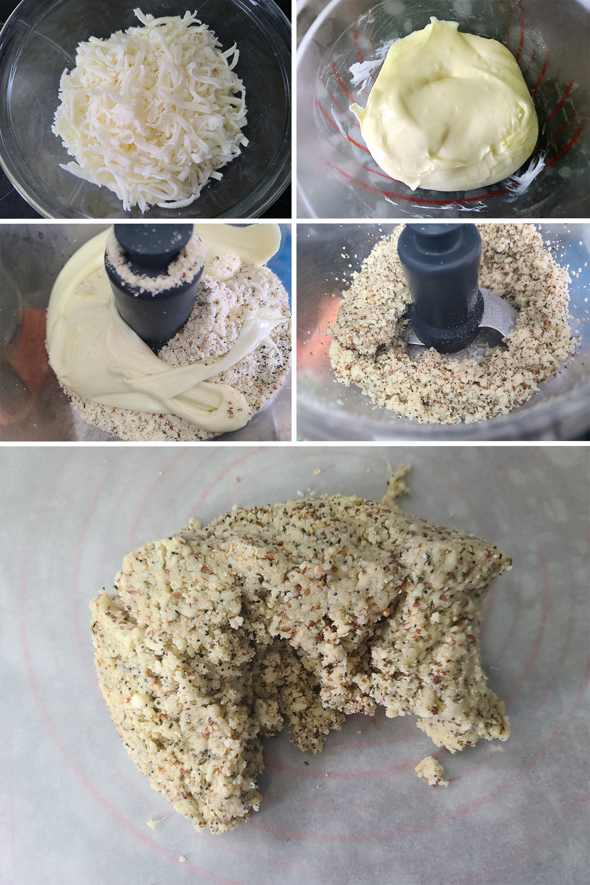 A 5 part image showing the cheese being added to the bowl of dry ingredients and blitzed into a dough.