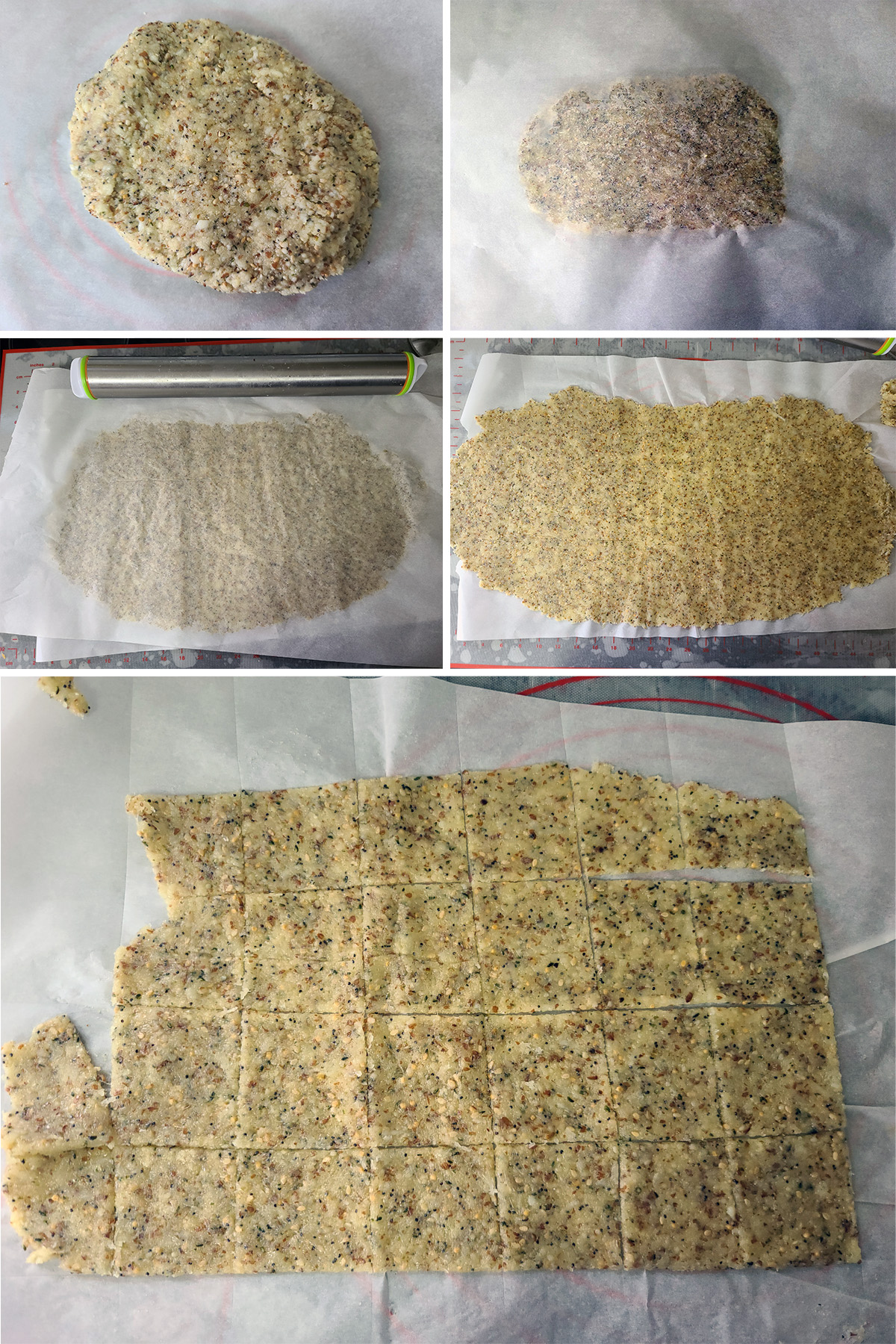 A 5 part image showing the cracker dough being rolled out thin between pieces of parchment paper.